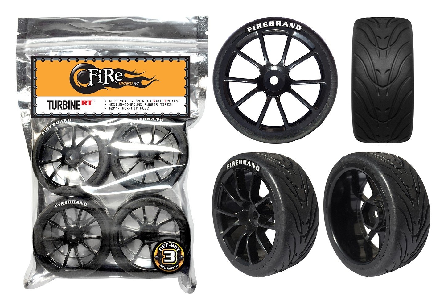 FireBrand RC Turbine-RT 1:10 Scale On-Road Racing Wheels with FireFang Race Treads - Galaxy Black (Directional, Pre-Glued Set of 4) | High-Speed RC Car Racing, Drift Competition & Track Performance