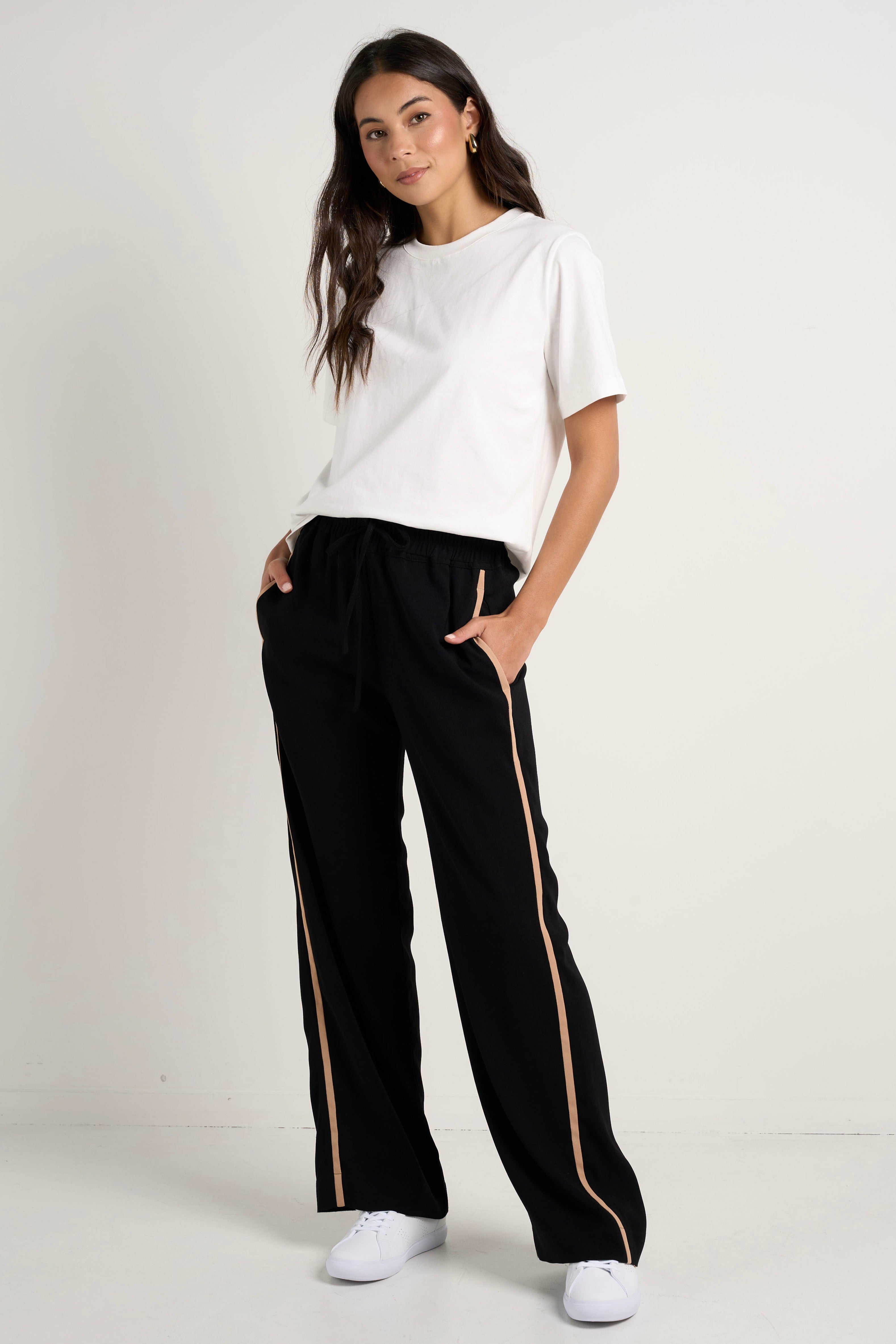 Confidant Black Side Stripe Crepe Wide Leg Pants for Women - Comfortable Office Work Pants & Casual Lounge Wear