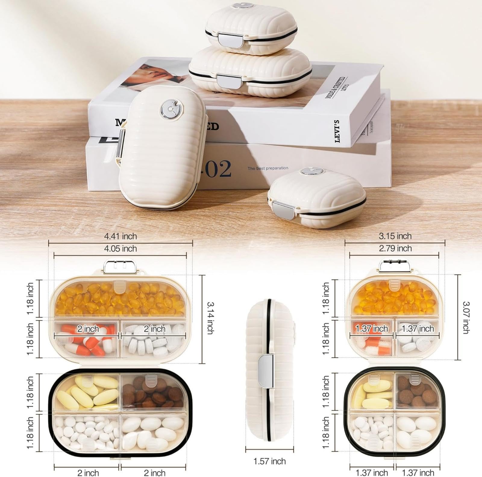 GLEEMEN 7-Day Pill Organizer Box (2-Pack) - Large & Small Portable Weekly Pill Case with 7 Compartments - Daily Medication Storage & Travel Essentials for Vitamins, Supplements & Pills (Beige) | Perfect for Home, Office & Vacation Use