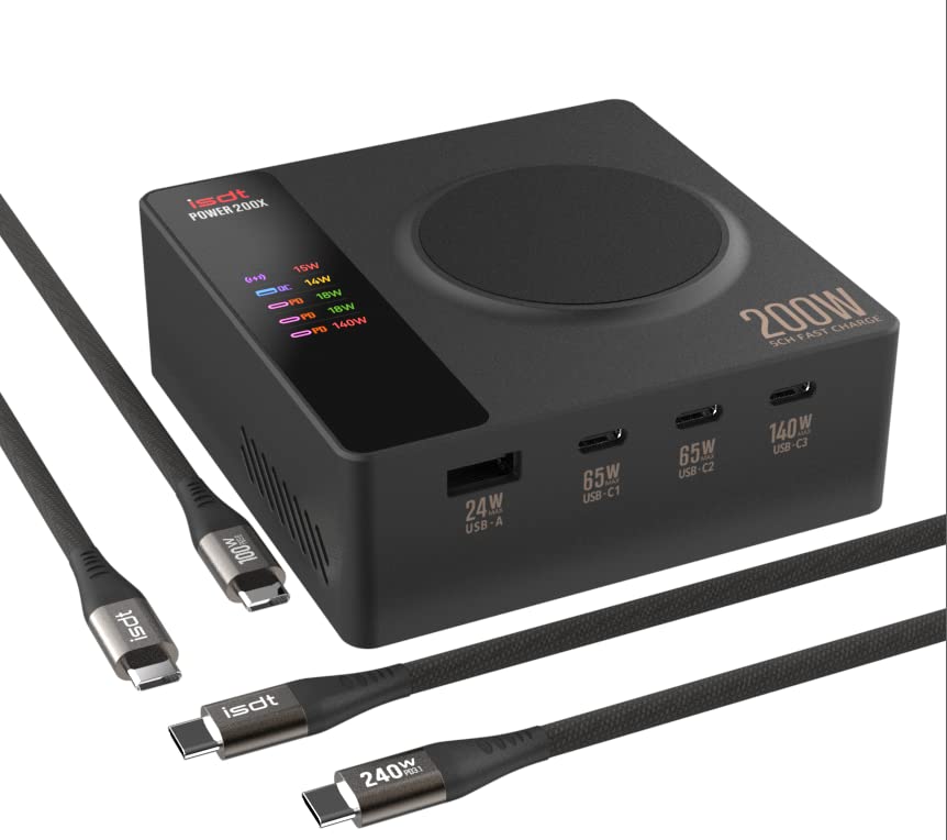 ISDT Power 200W USB-C Desktop Charger with 4 Ports & Wireless Charging | Fast Charging for iPhone, iPad, Apple Watch, Samsung Galaxy | Perfect for Office, Travel, and Home Use