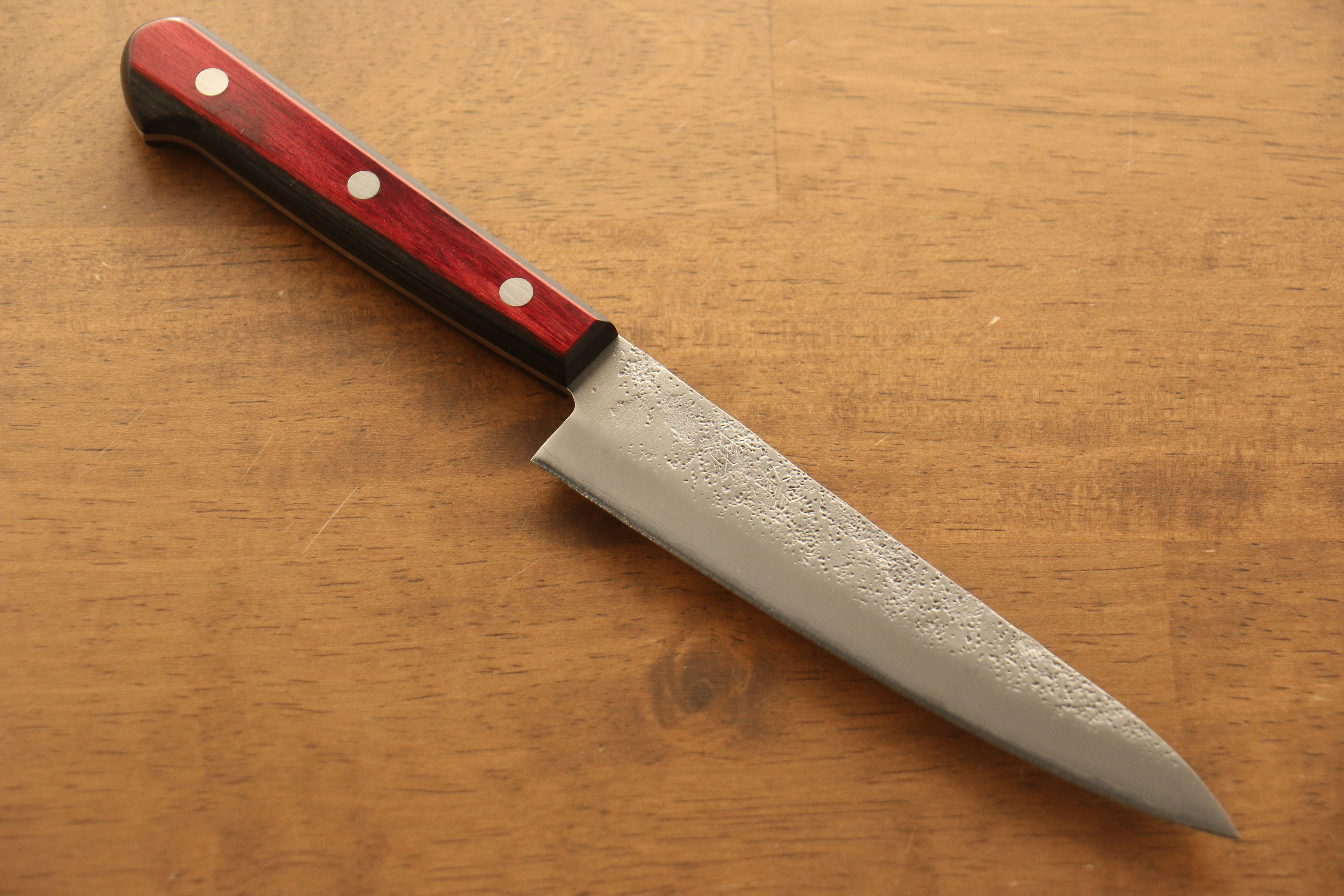 Seisuke Silver Steel No.3 Nashiji Petty Utility Knife 135mm - Red Pakka Wood Handle - Japanese Kitchen Knife for Slicing, Peeling & Precision Cutting - Perfect for Home Chefs & Professional Kitchens