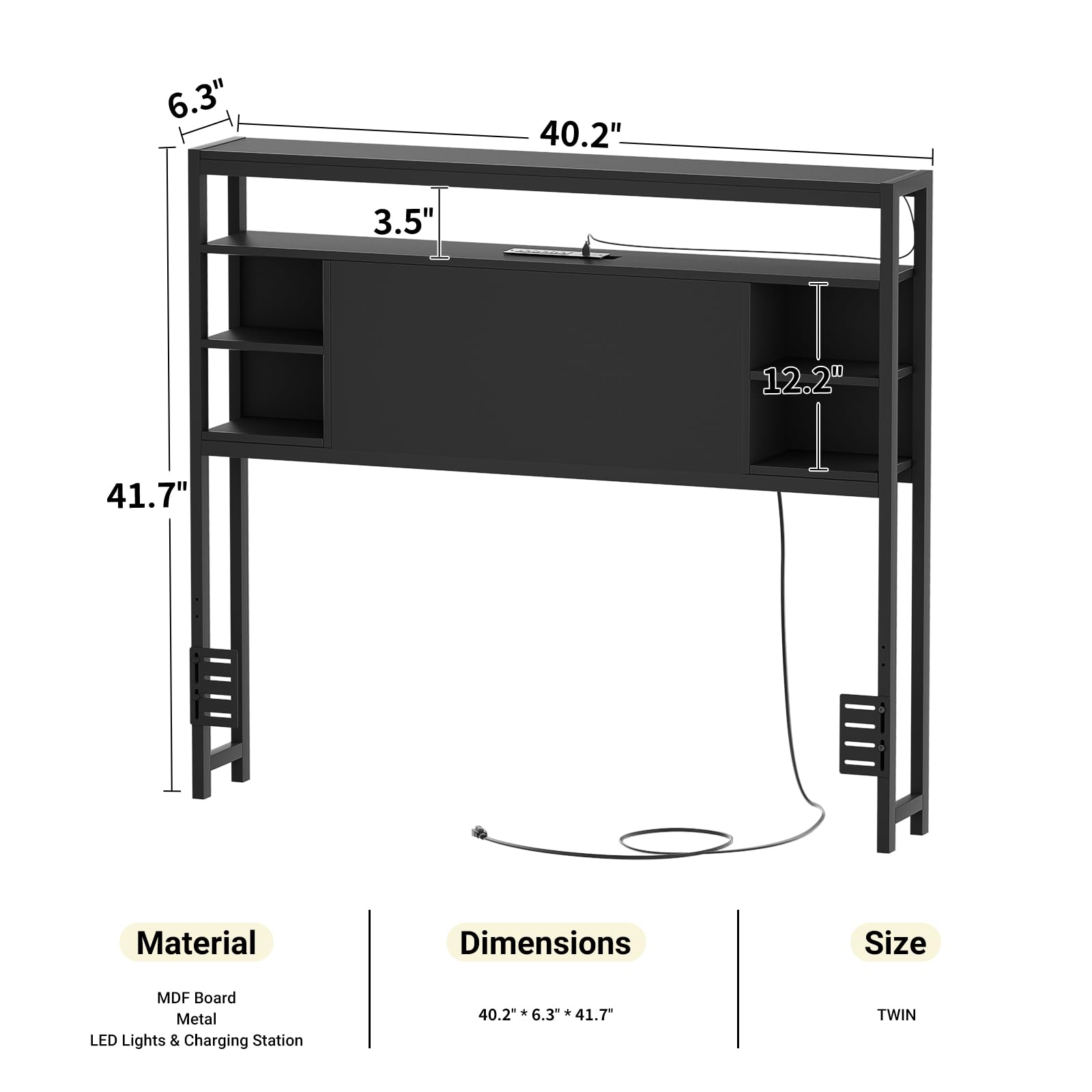 Twin Headboard with Storage, USB Power Outlets & Smart LED Lights - Sturdy Bed Headboard for Twin Size Beds - Perfect for Bedrooms, Dorm Rooms & Guest Rooms (Black) | Modern Bedroom Upgrade with Convenient Charging & Ambient Lighting