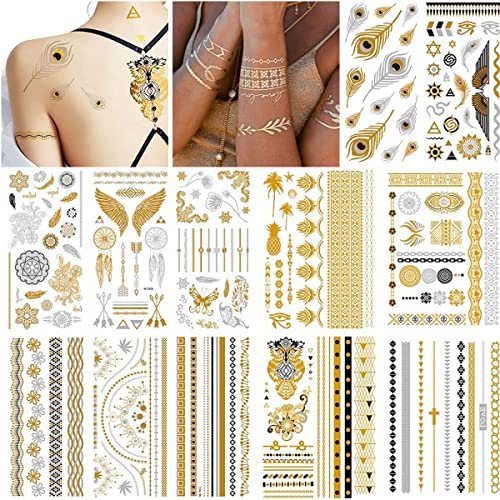 MAYCREATE® 12 Sheets Temporary Tattoo Stickers - Golden Henna Body Art Waterproof Fake Tattoos for Women Men Kids - Perfect for Parties, Halloween, Cosplay & Festival Body Decorations