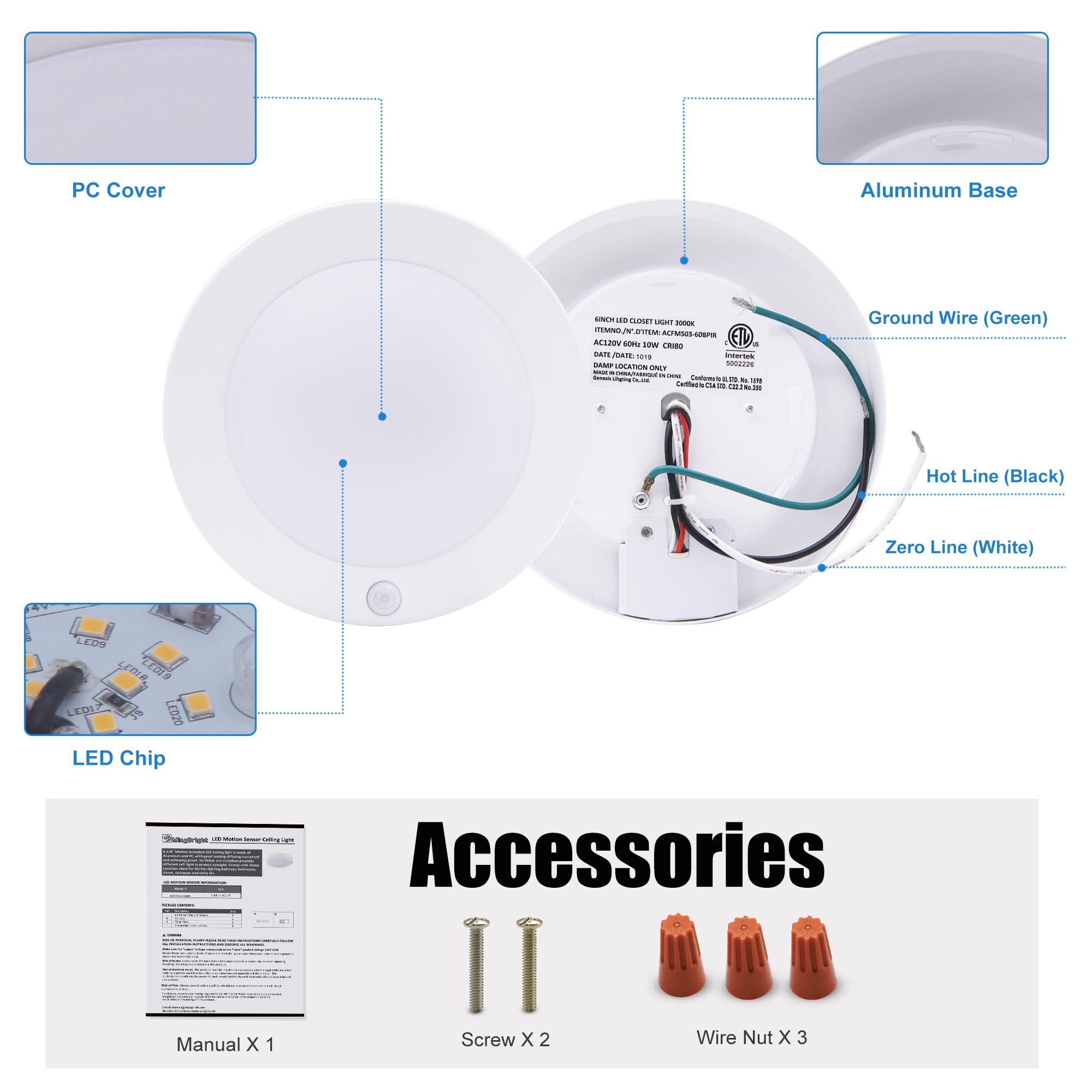 Dimmable 6 Inch LED Ceiling Light with PIR Motion Sensor - 3000K Warm White, Flush Mount, ETL Certified - Perfect for Closets, Stairs, Pantry, Porch & Laundry Room Lighting