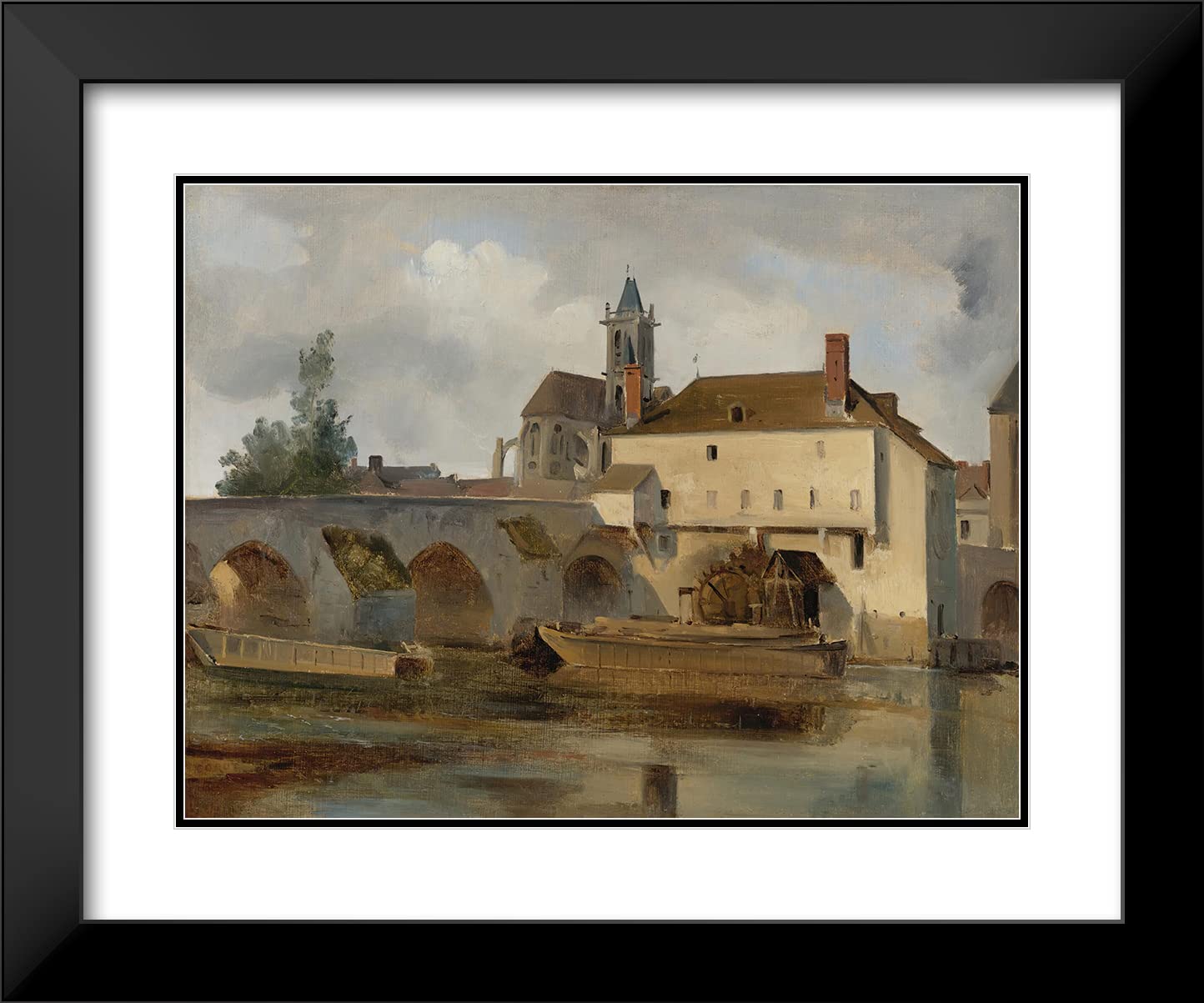 Jean-Baptiste-Camille Corot 'Moret Sur Loing, the Bridge and the Church' 24x19 Inch Black Modern Framed Art Print with Double Mat - Museum Quality Wall Decor for Living Room, Office & Gallery Display