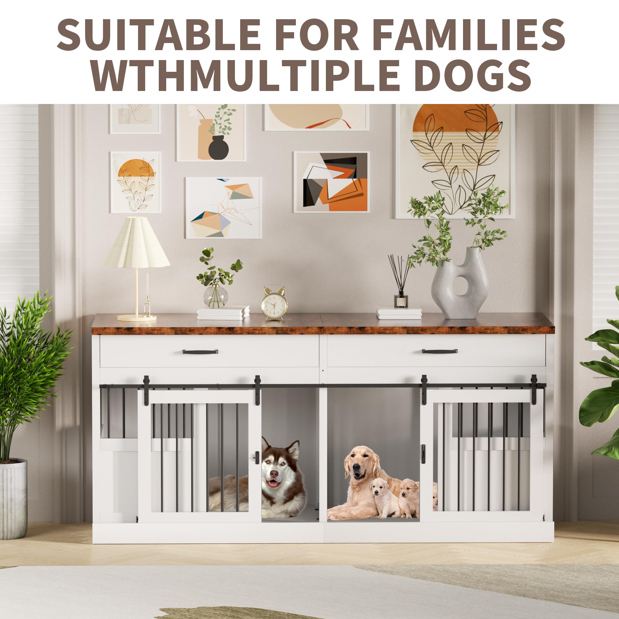 71 Inch XXL Heavy Duty Dog Crate Furniture for 2 Dogs - Decorative Indoor Kennel with 2 Drawers, Removable Divider & Sliding Doors (White) - Perfect for Large Breed Homes & Pet-Friendly Living Rooms