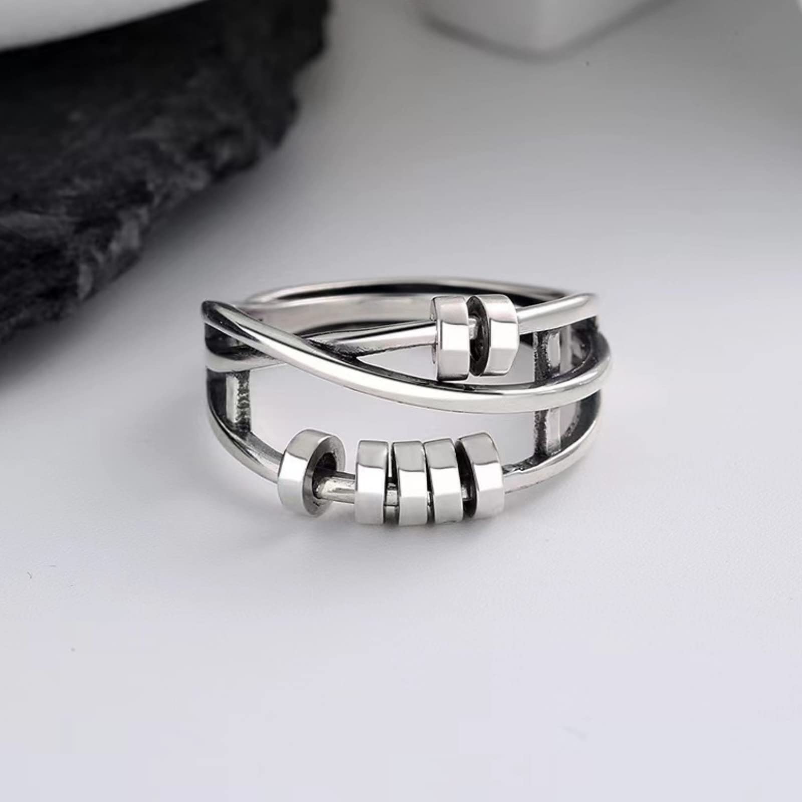 925 Sterling Silver Anxiety Relief Fidget Ring for Women & Men - Adjustable Spinner Ring with Beads for Stress Relief, ADHD & Focus - Perfect for Office, Travel & Daily Wear