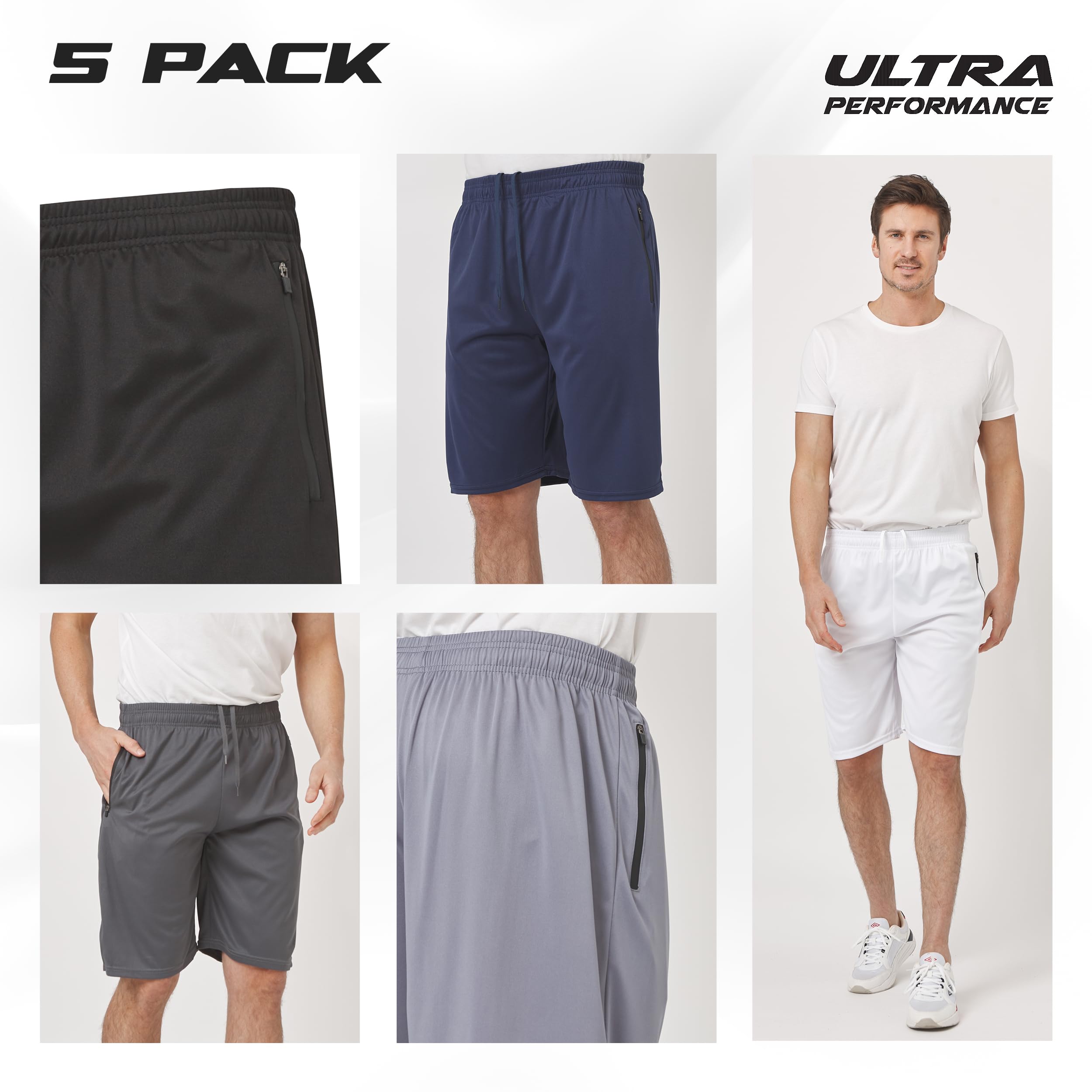 Ultra Performance Men's 5-Pack Athletic Running Shorts - Breathable Gym Workout Shorts with Zippered Pockets for Basketball, Jogging & Training | Perfect for Sports, Fitness & Casual Wear