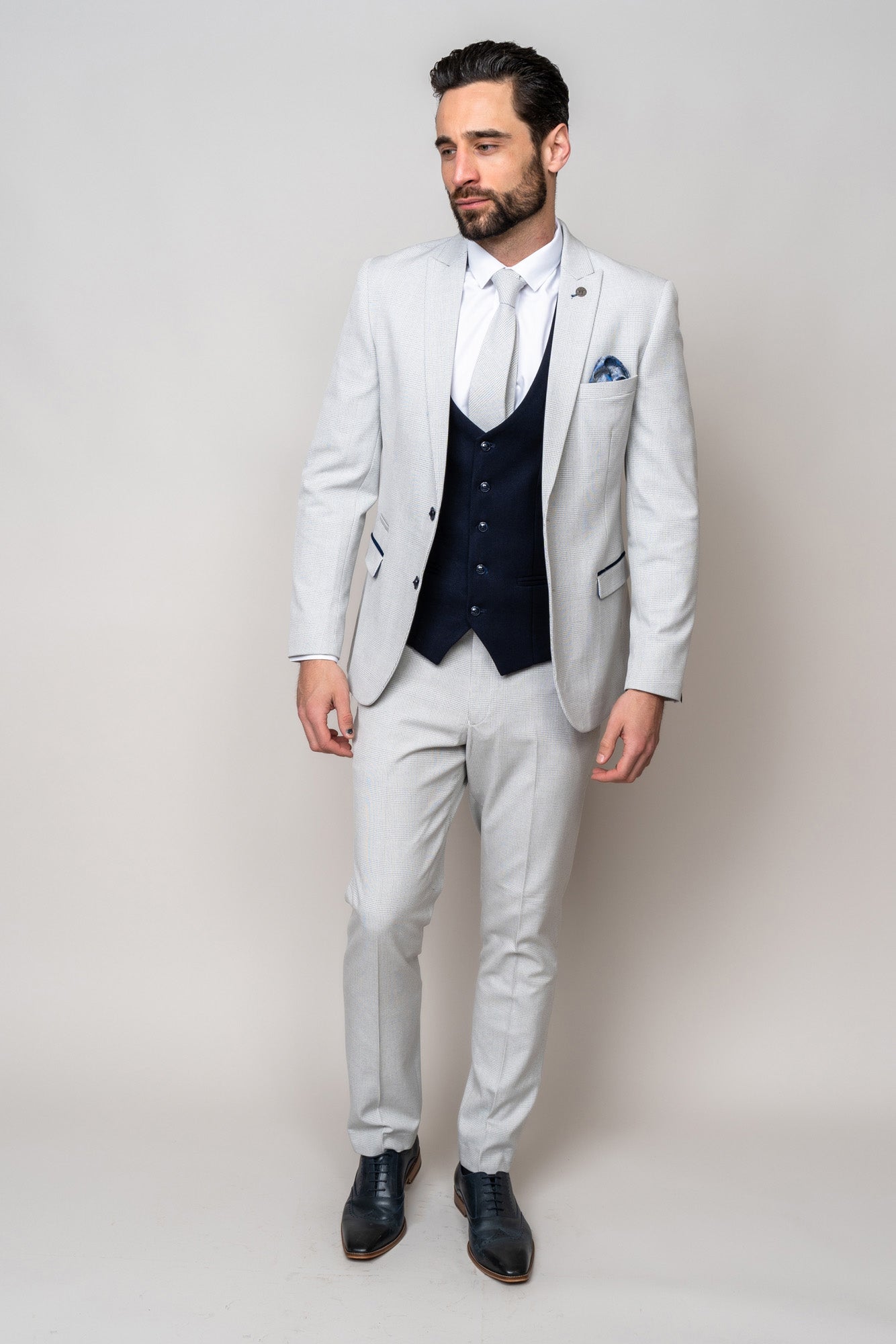 BROMLEY Men's Stone Check Suit with Kelvin Navy Waistcoat | Formal Business Attire | Perfect for Weddings, Office & Special Occasions