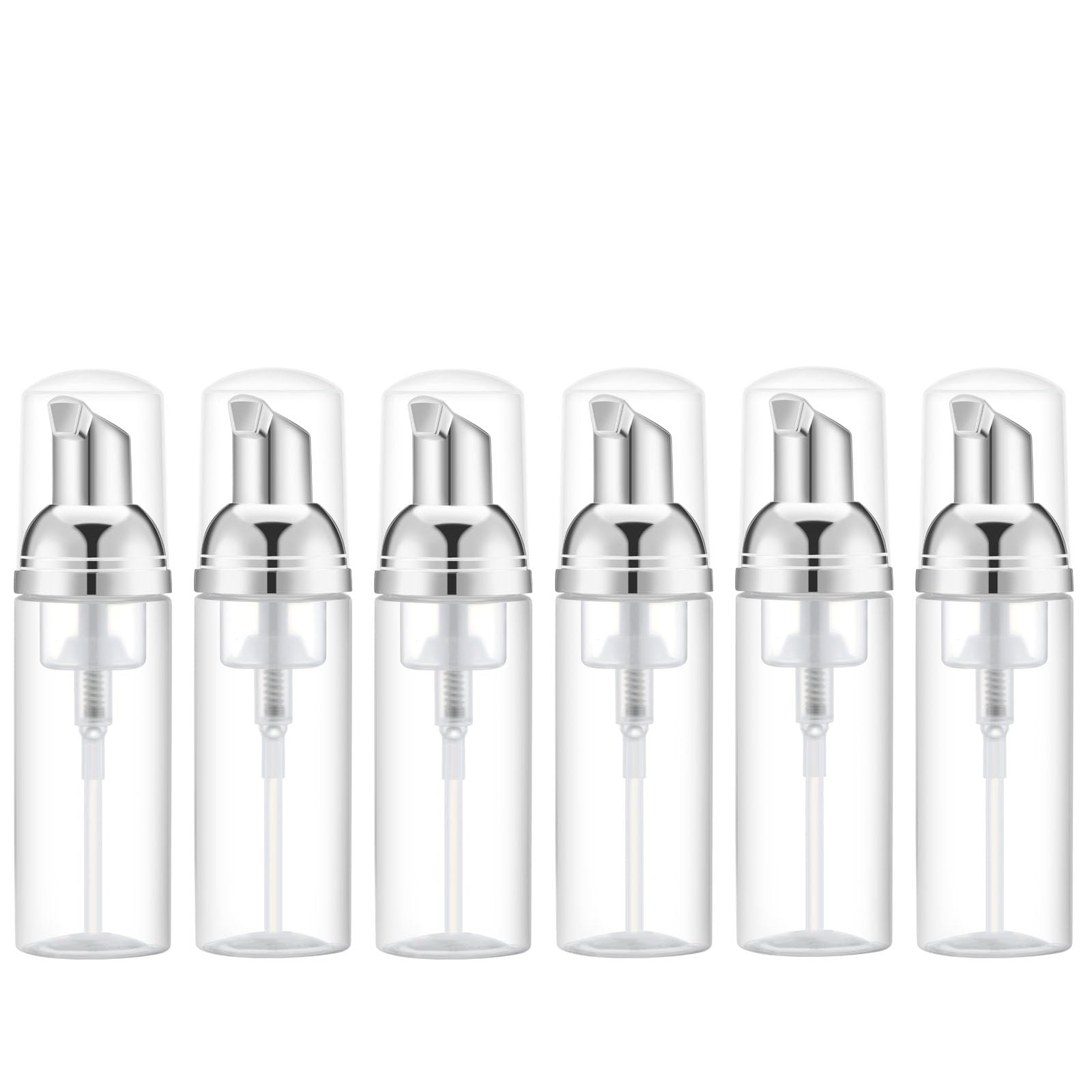 2 Oz Clear Foam Pump Bottles (6 Pack) - Empty Transparent Foamer Dispenser for Lash Shampoo, Hand Soap & Foaming Cleaner - Silver Top - Perfect for Salon, Bathroom & Travel Use