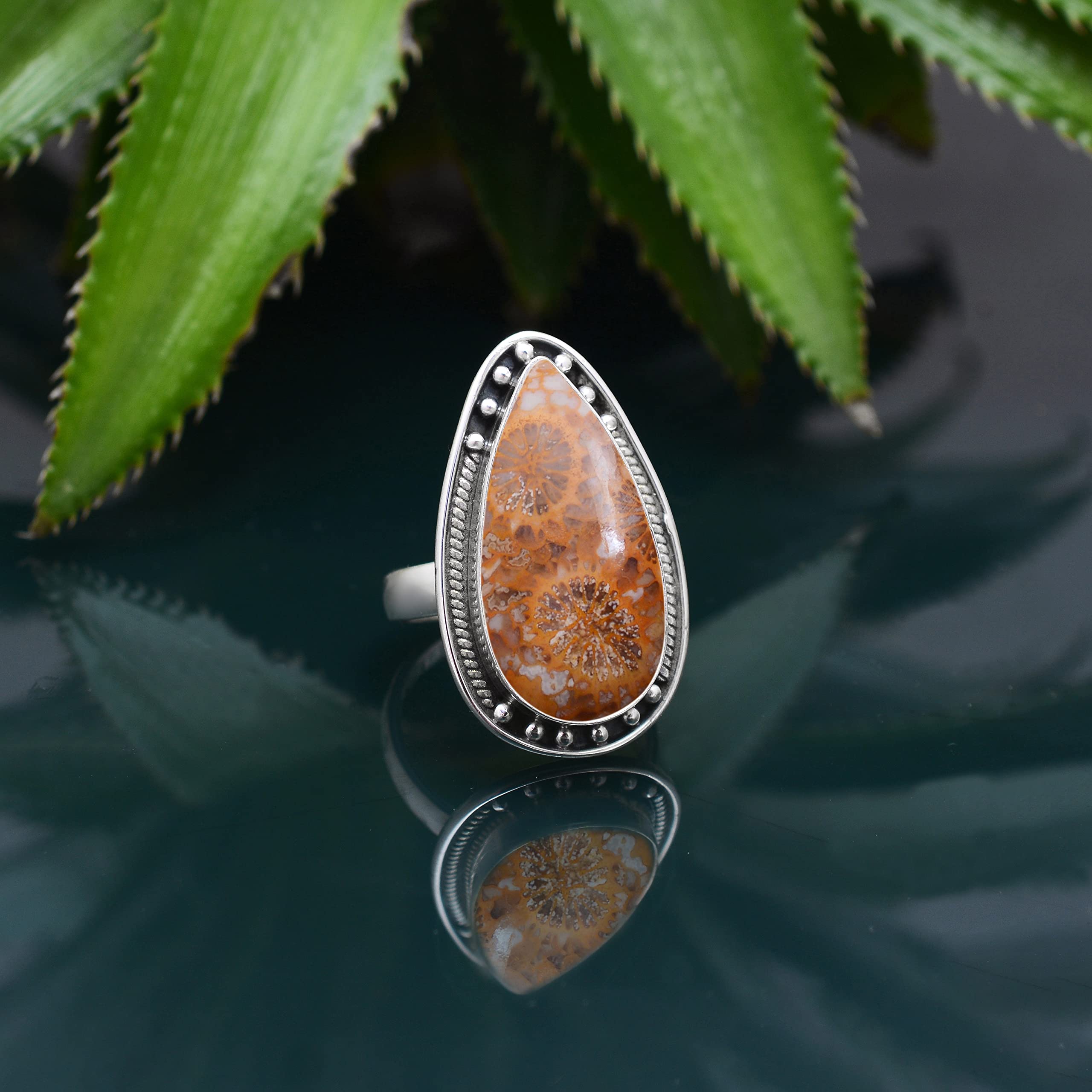 Veracity Jewelry 925 Sterling Silver Fossil Coral Jasper Ring for Women - Healing Meditation Gemstone Jewelry - Yellow Orange Jasper Stone Ring (VSR-211) - Perfect for Spiritual Healing, Yoga Practice & Everyday Elegance