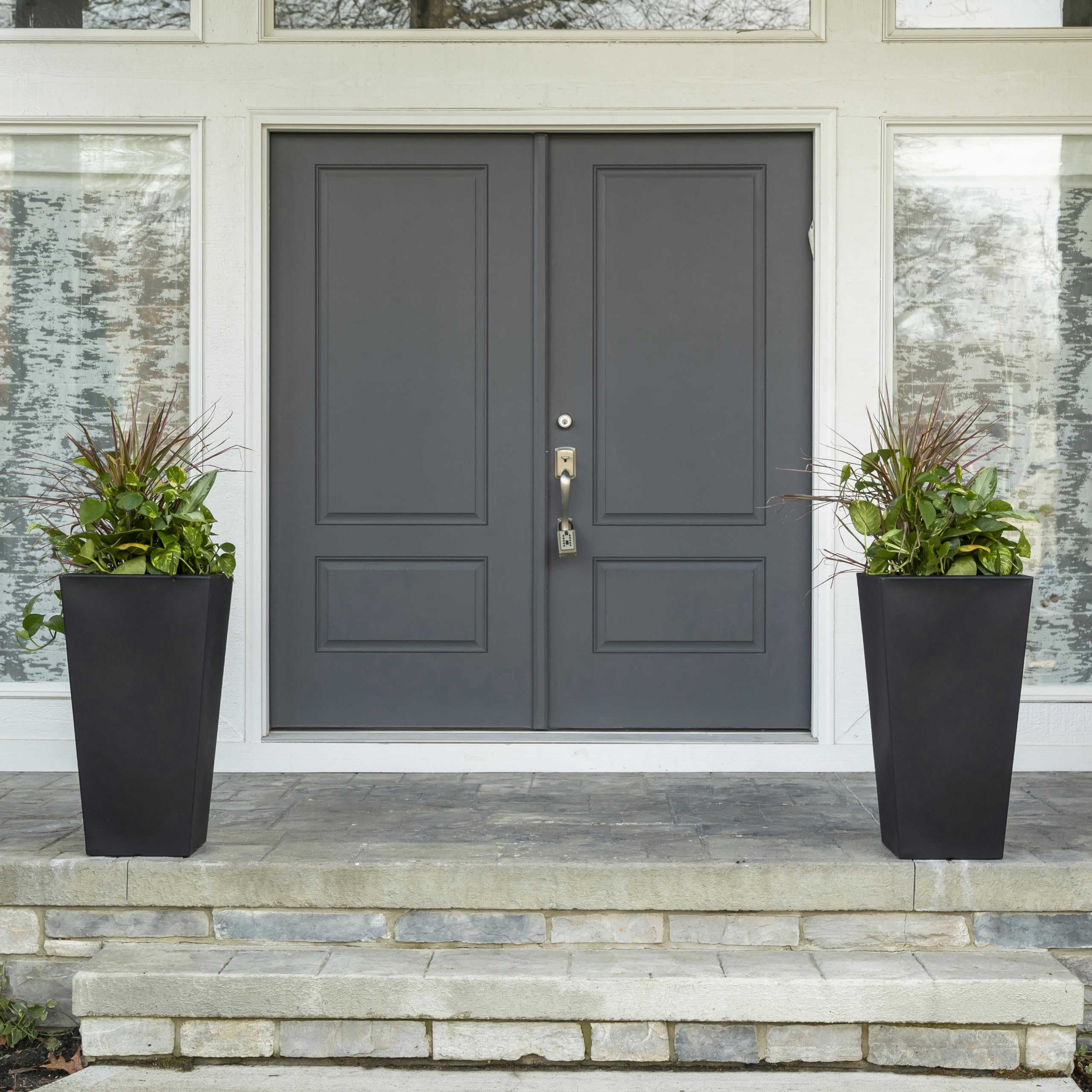 Step2 Tremont Tall Square Tapered Planter - 2 Pack Large Outdoor Planters for Gardening, Flowers & Patio Decor | Durable Plastic with Efficient Drainage (Onyx Black) - Perfect for Porch, Deck & Backyard Landscaping