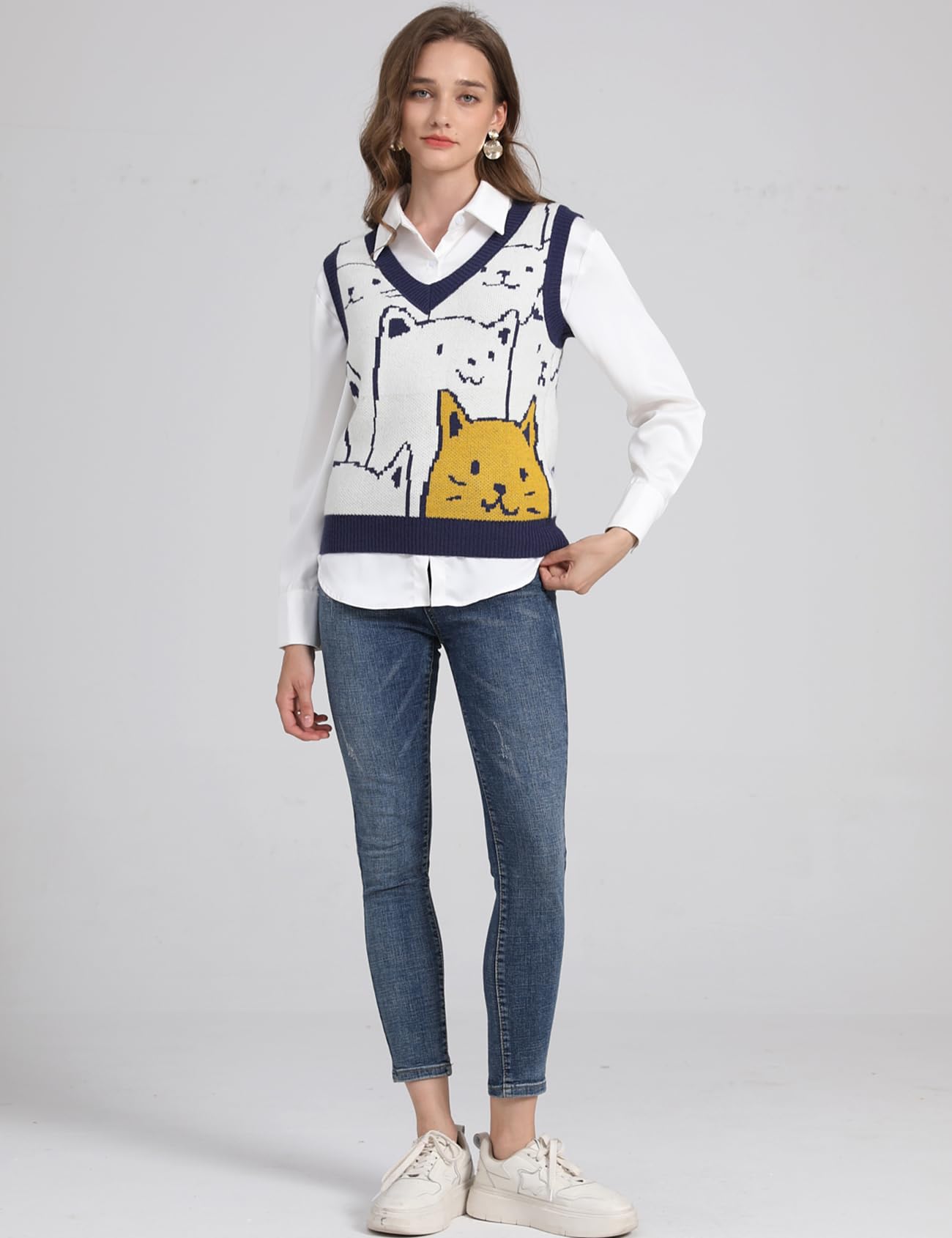 Gihuo Women's Cat Print V-Neck Sweater Vest - Y2K Graphic Knitted Pullover Sleeveless Knitwear Cute Tunic Top for Casual Outfits & Streetwear Fashion
