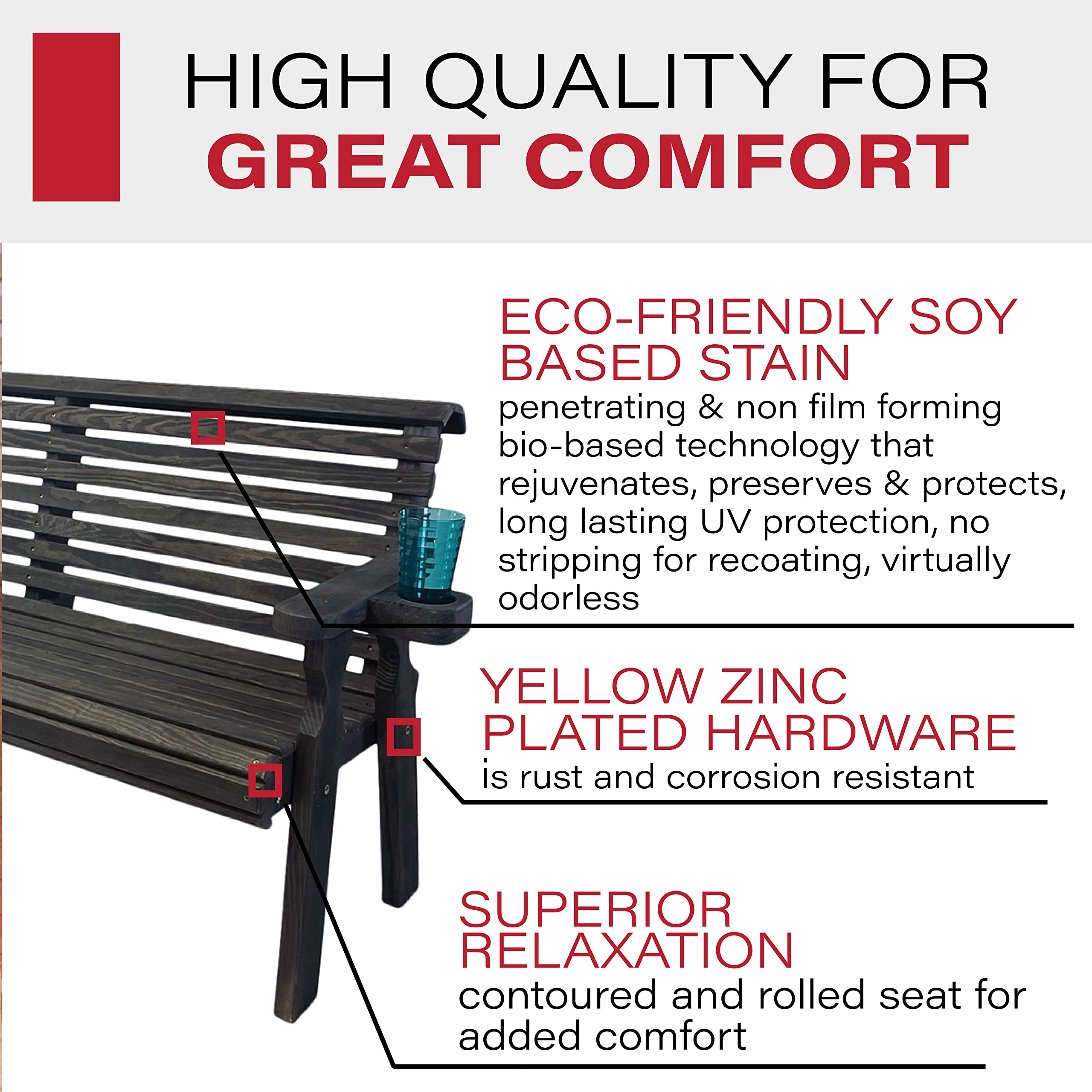 Amish Heavy Duty 5FT Outdoor Garden Bench with Cup Holders - Pressure Treated Black Stain Roll Back Design, 700LB Weight Capacity - Perfect for Patio, Deck, Backyard & Garden Seating