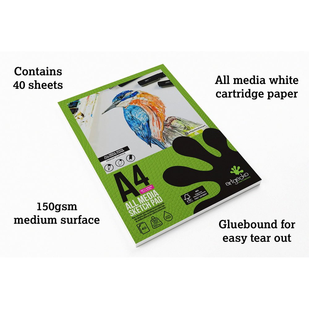 Artgecko Pro All Media Sketchpad - A4 Size, 40 Sheets of 150gsm White Paper for Drawing, Painting & Mixed Media Art - Perfect for Artists, Students & Professionals