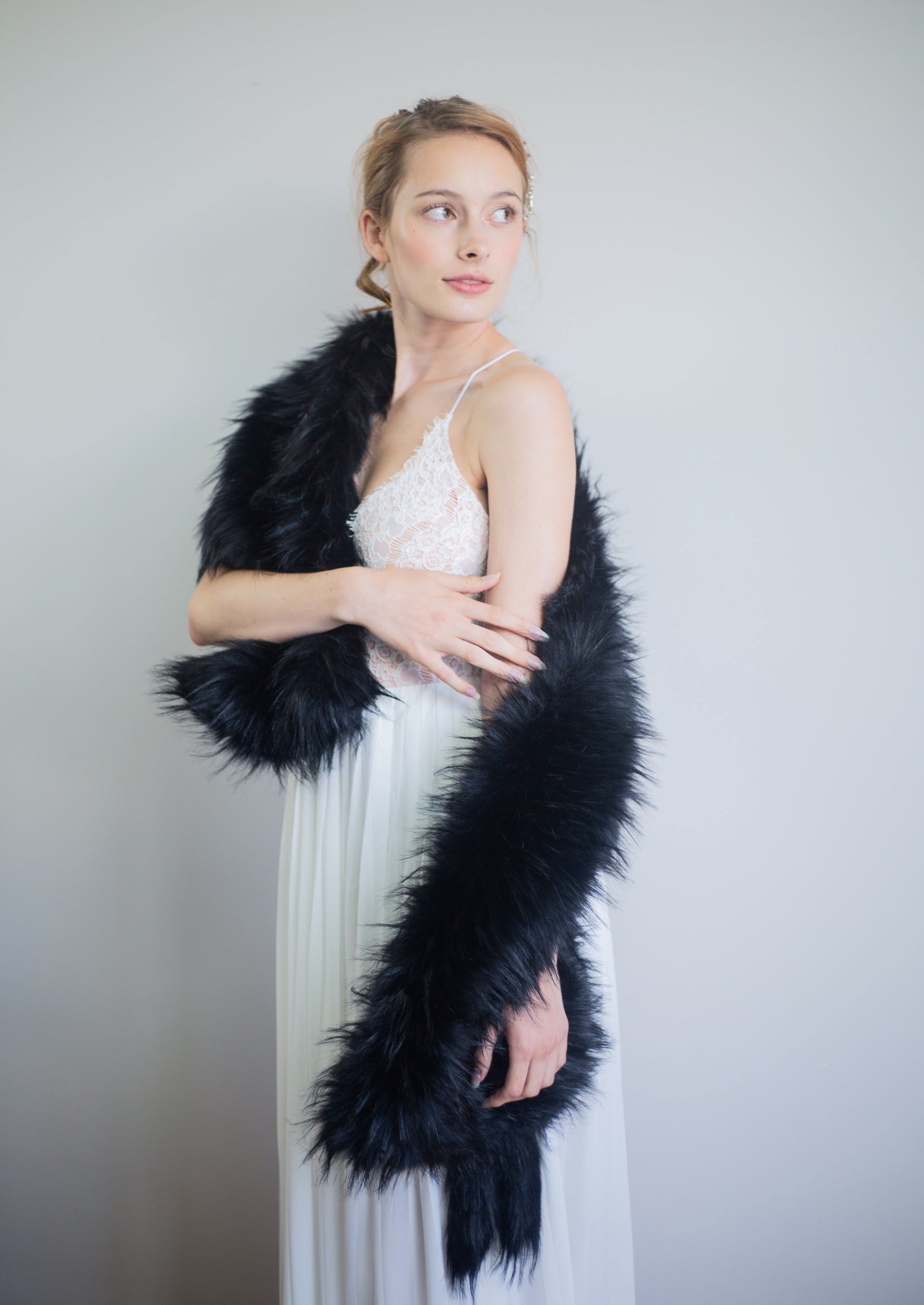 Black Faux Fur Shawl for Wedding & Bridal - Elegant Lilian Blk03 Wrap | Perfect for Winter Weddings, Formal Events & Photo Shoots