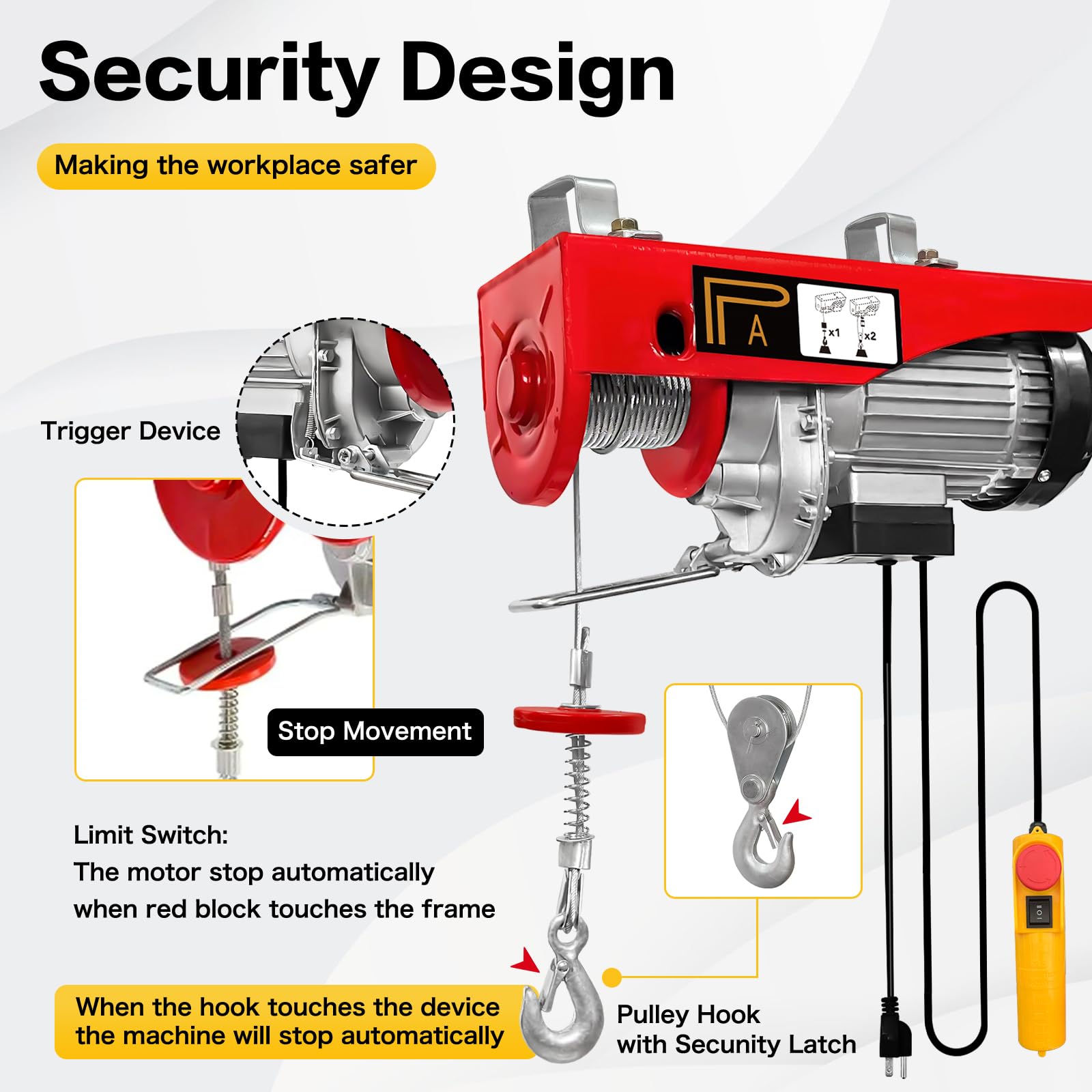 110V Electric Hoist Winch - 1760Lbs Capacity with Remote Control & Emergency Stop | 38ft Lifting Height for Single/Double Slings | Heavy Duty for Factories, Warehouses & Construction Sites | Perfect for Lifting Machinery, Building Materials & Equipment Installation