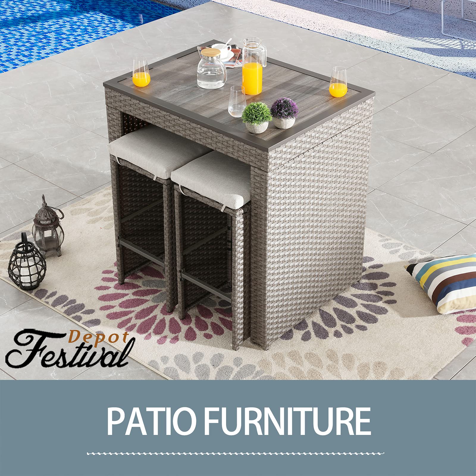 5-Piece Patio Bar Stool Set with Removable Cushions & Wooden Tabletop - Outdoor Wicker Furniture for Deck, Porch, Garden - Brown Rattan & Metal Frame - Perfect for Outdoor Dining, Entertaining & Relaxation