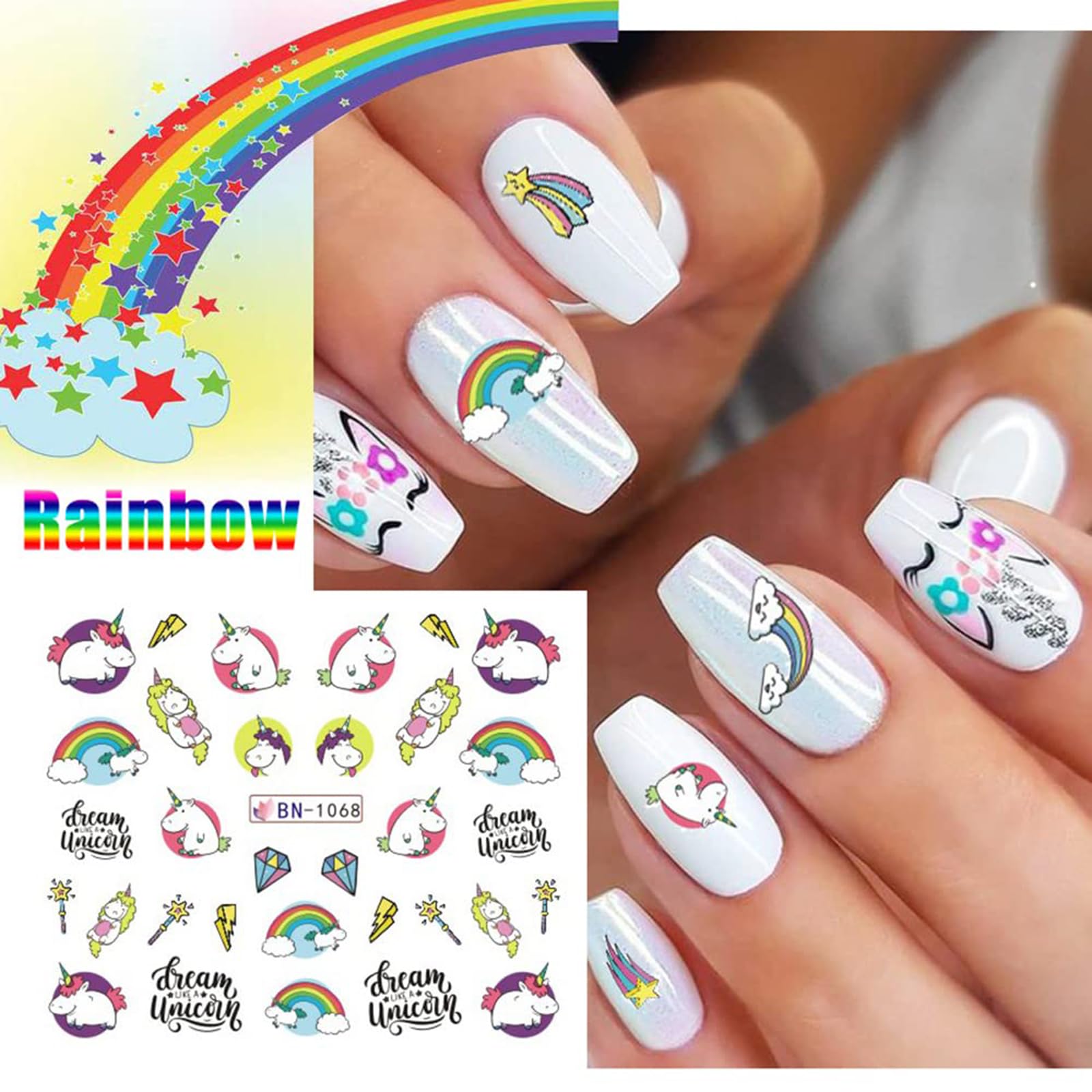 Unicorn Nail Art Stickers - 12 Sheets Water Transfer Nail Decals with Heart, Rainbow & Donut Designs - Cute Cartoon Pink Nail Decorations for Women & Girls - Perfect for Parties, Holidays & DIY Nail Art