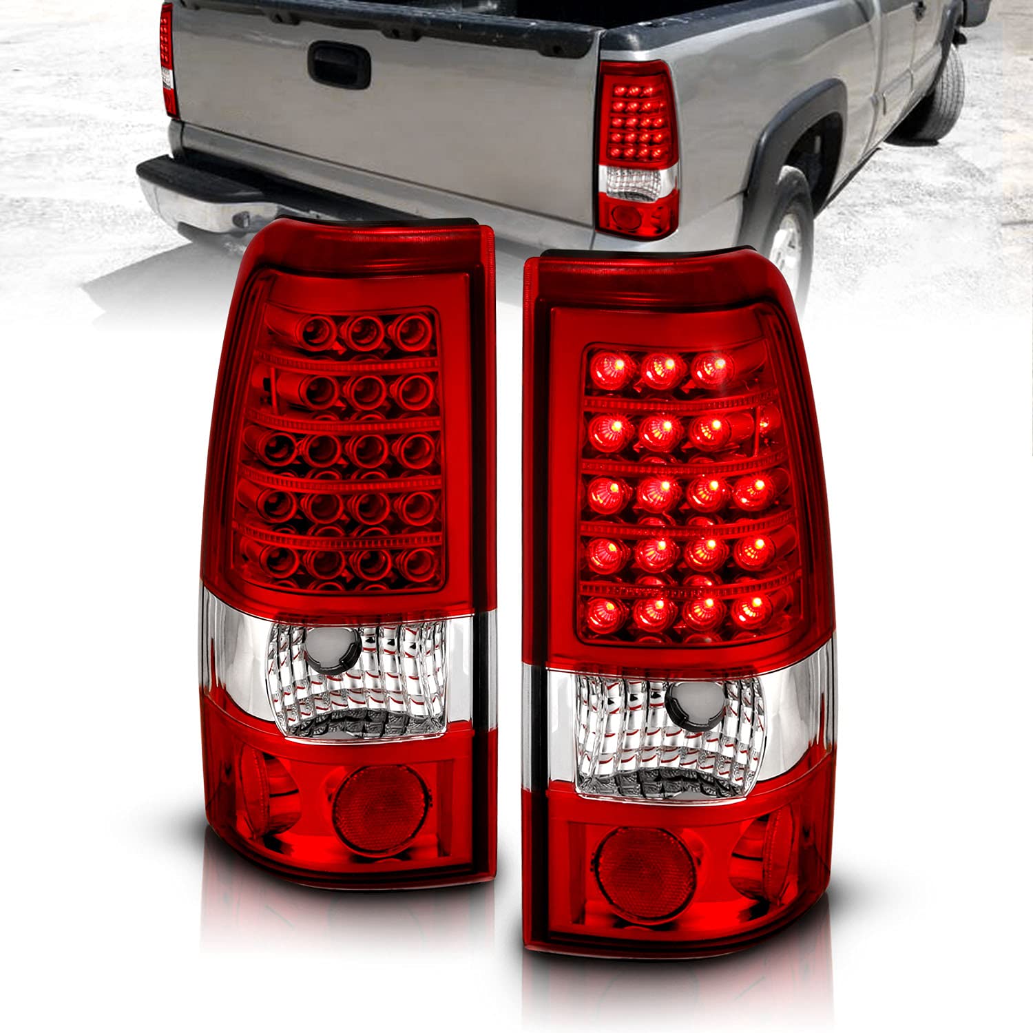 AmeriLite Red/Clear LED Brake Tail Lights Replacement Kit for 1999-2002 Chevy Silverado & 1999-2006 GMC Sierra - Pair (Left & Right Side) - Durable, Bright LED Lights for Enhanced Safety & Style - Perfect for Night Driving, Towing, and Off-Road Adventures