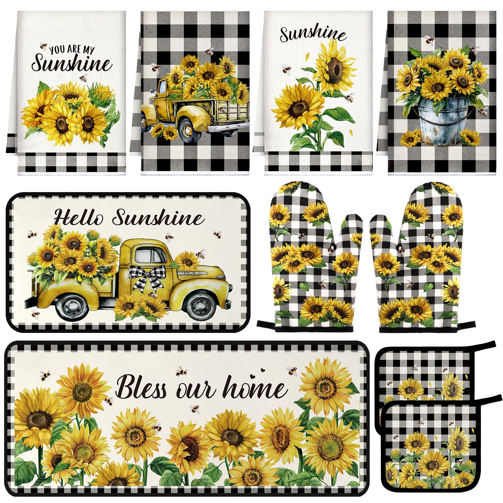 10-Piece Sunflower Marble Kitchen Set - Heat Resistant Oven Mitts, Pot Holders, 2 Non-Slip Kitchen Rugs & 4 Absorbent Towels - Perfect for Cooking, Baking & Home Decor - Ideal Gift for Moms & Housewarming (Sunflower Pattern)