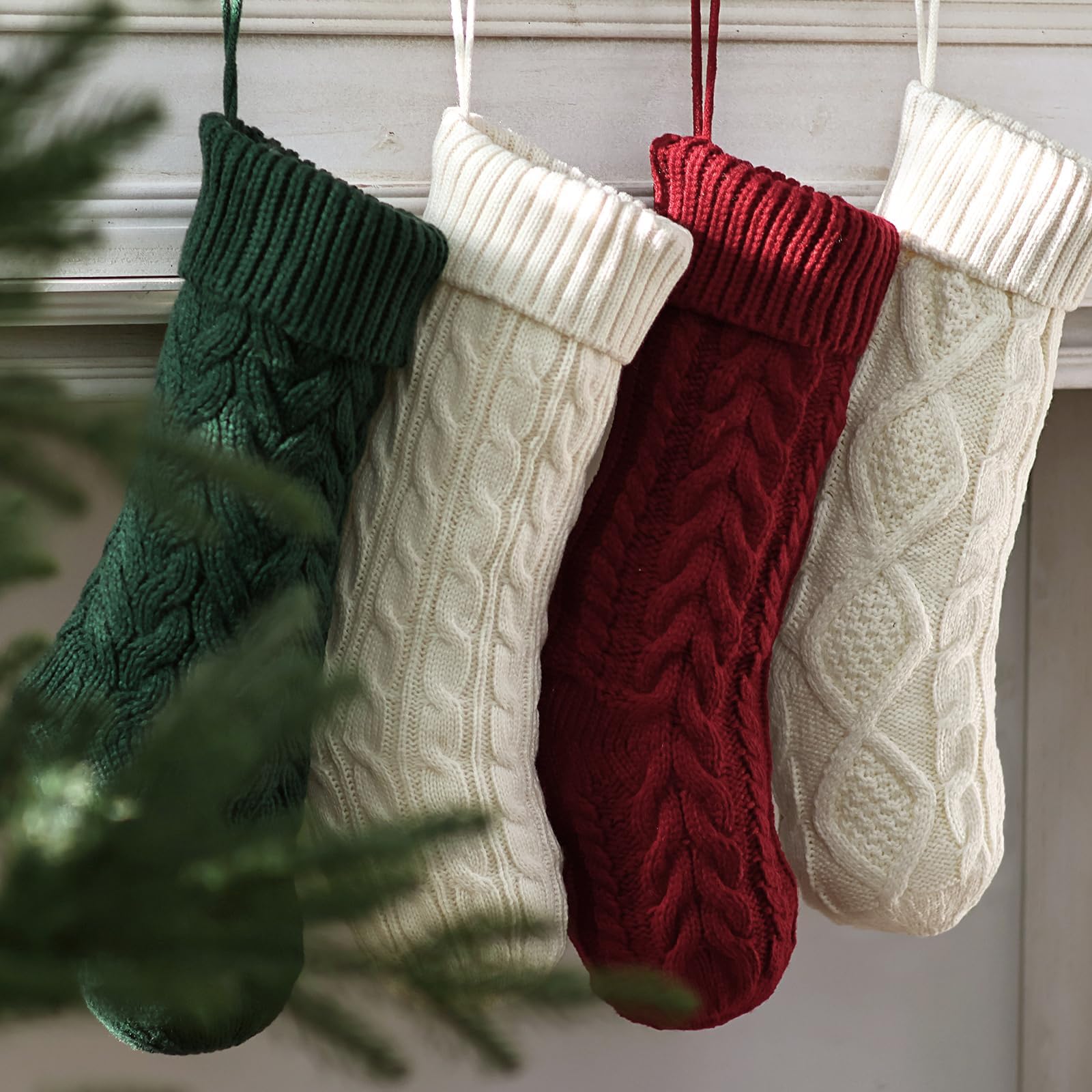 LimBridge Cable Knit Christmas Stockings - 4 Pack 18 Inch Large Knitted Holiday Stockings, Rustic Farmhouse Beige Boho Style Xmas Decor for Fireplace Mantel, Tree & Gift Exchange | Red, Green & White Holiday Decorations for Family & Festive Home Decor
