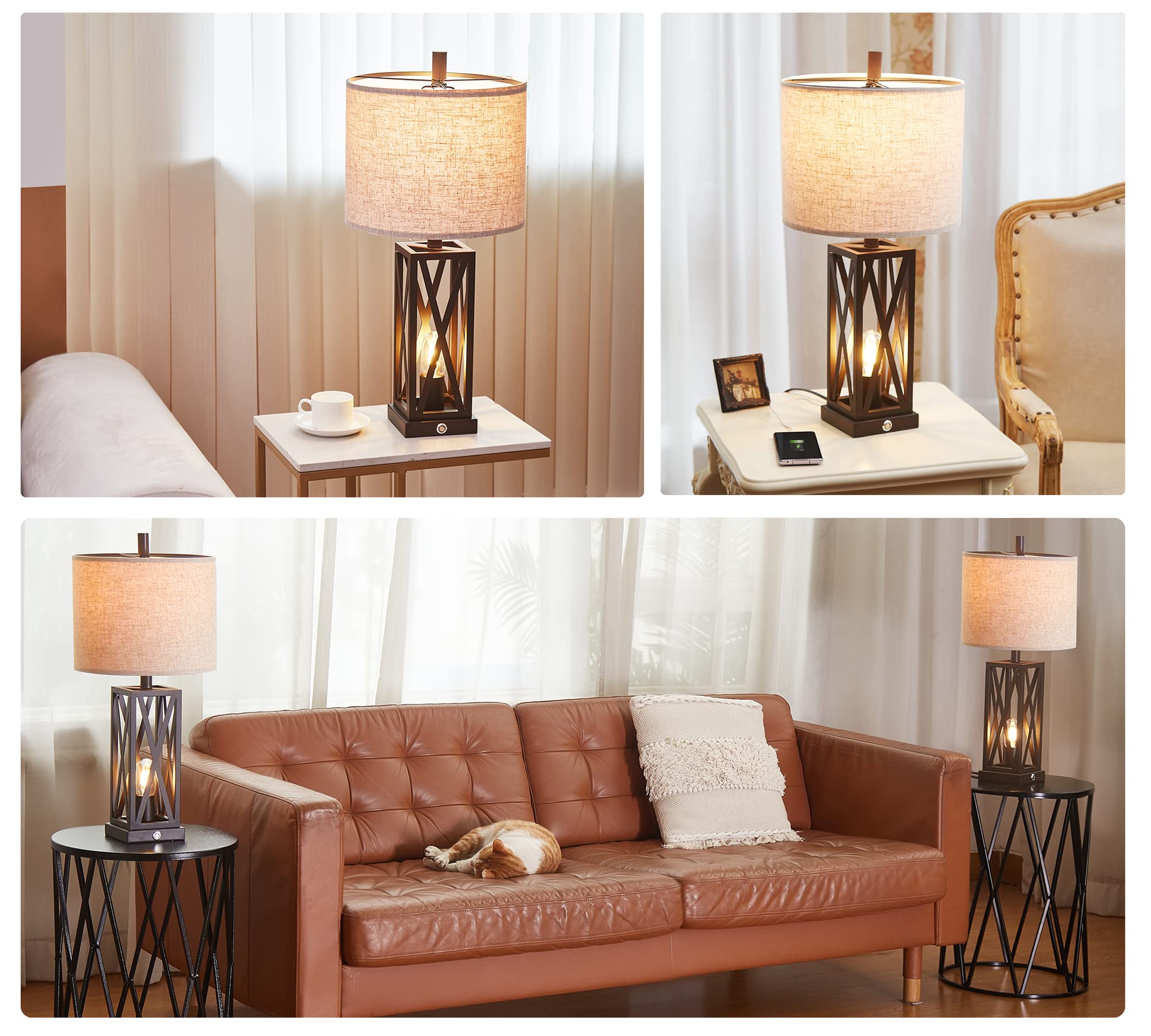 Set of 2 Modern Dimmable Bedside Lamps with USB Ports - 3-Way Touch Control Rustic Farmhouse Table Lamps for Bedroom, Living Room, Office - Includes 4 Warm White Bulbs (Brown Wood Finish) - Perfect for Night Reading, Home Decor & Gift Giving