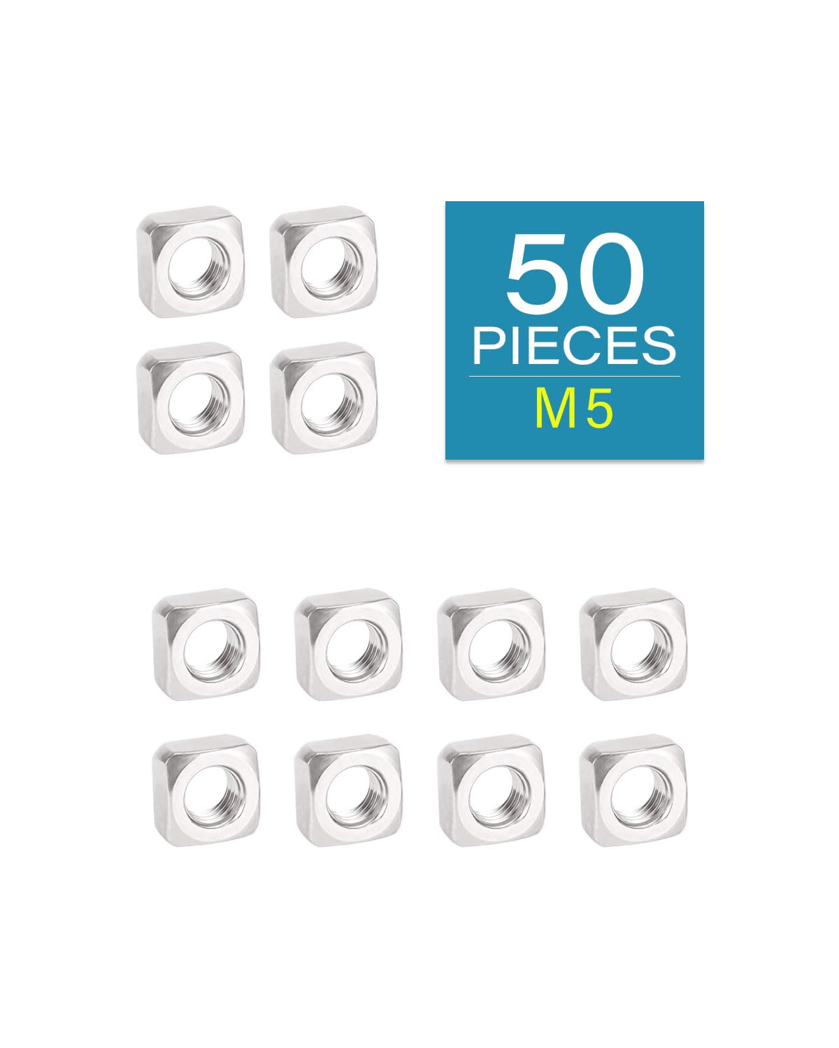 **M5 Square Nuts - 304 Stainless Steel Square Nuts for Home Repairs & Engineering Projects - Durable Fasteners (Pack of 50) - Perfect for Furniture Assembly, Machinery, and DIY Fixes**