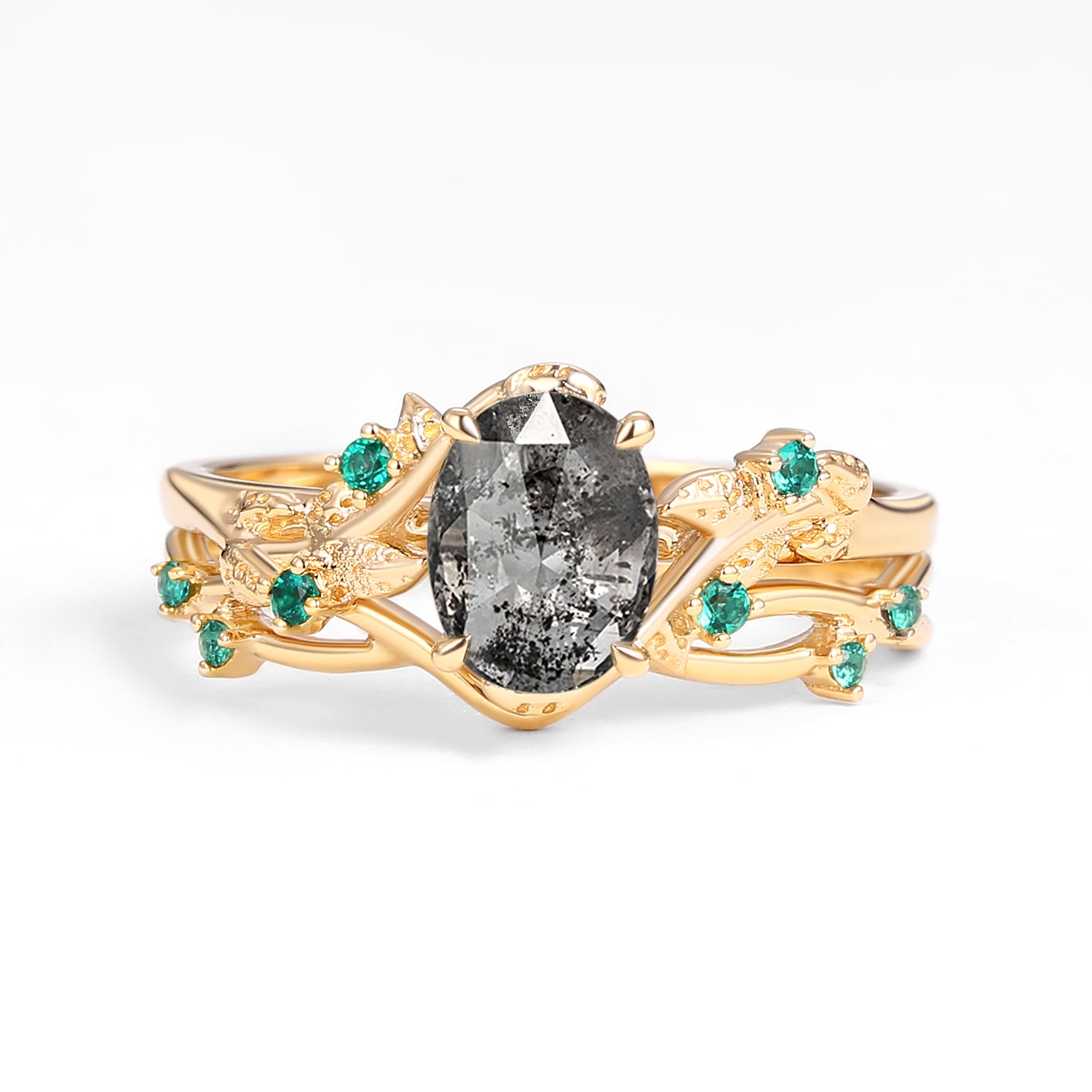 Nature Inspired Oval Cut Moss Agate Leafy Black Gold Ring Set 2pcs - Elegant Jewelry for Women, Boho Wedding, Nature Lover Gift - Perfect for Engagement, Anniversary & Special Occasions