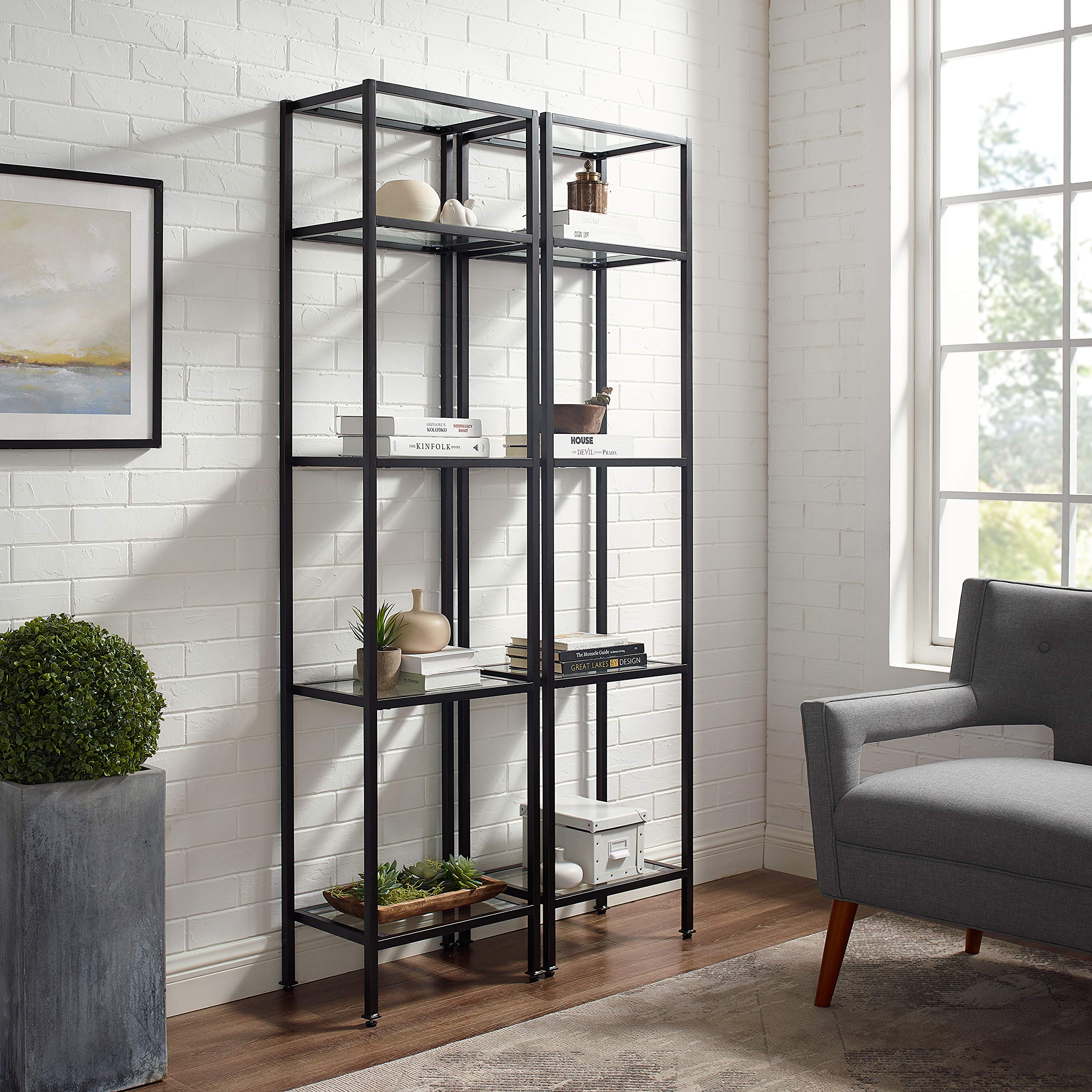 Crosley Aimee 2-Piece Bookshelf Set with Glass Shelves - Modern Bookcase Storage in Oil-Rubbed Bronze Finish for Living Room, Office & Home Decor