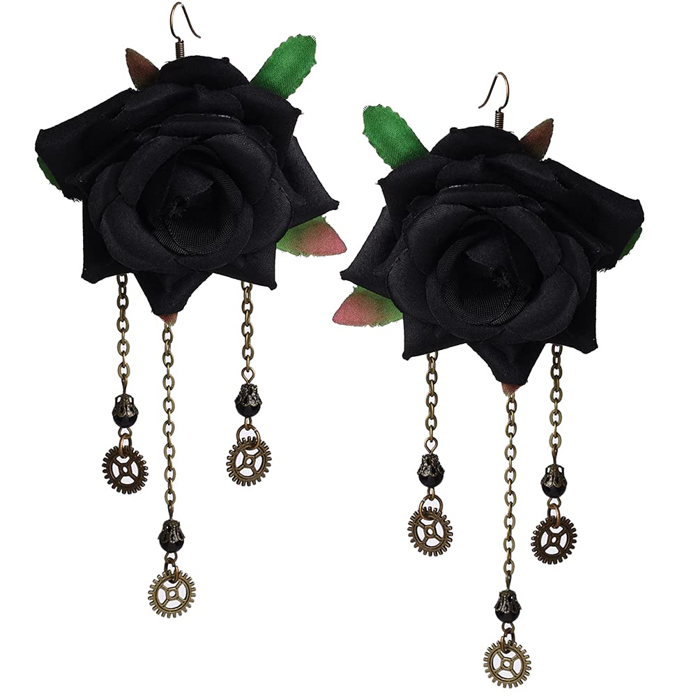 Gothic Punk Dangle Earrings for Women - Rose Flower Hook Earrings | Perfect for Halloween, Cosplay, and Alternative Fashion Outfits