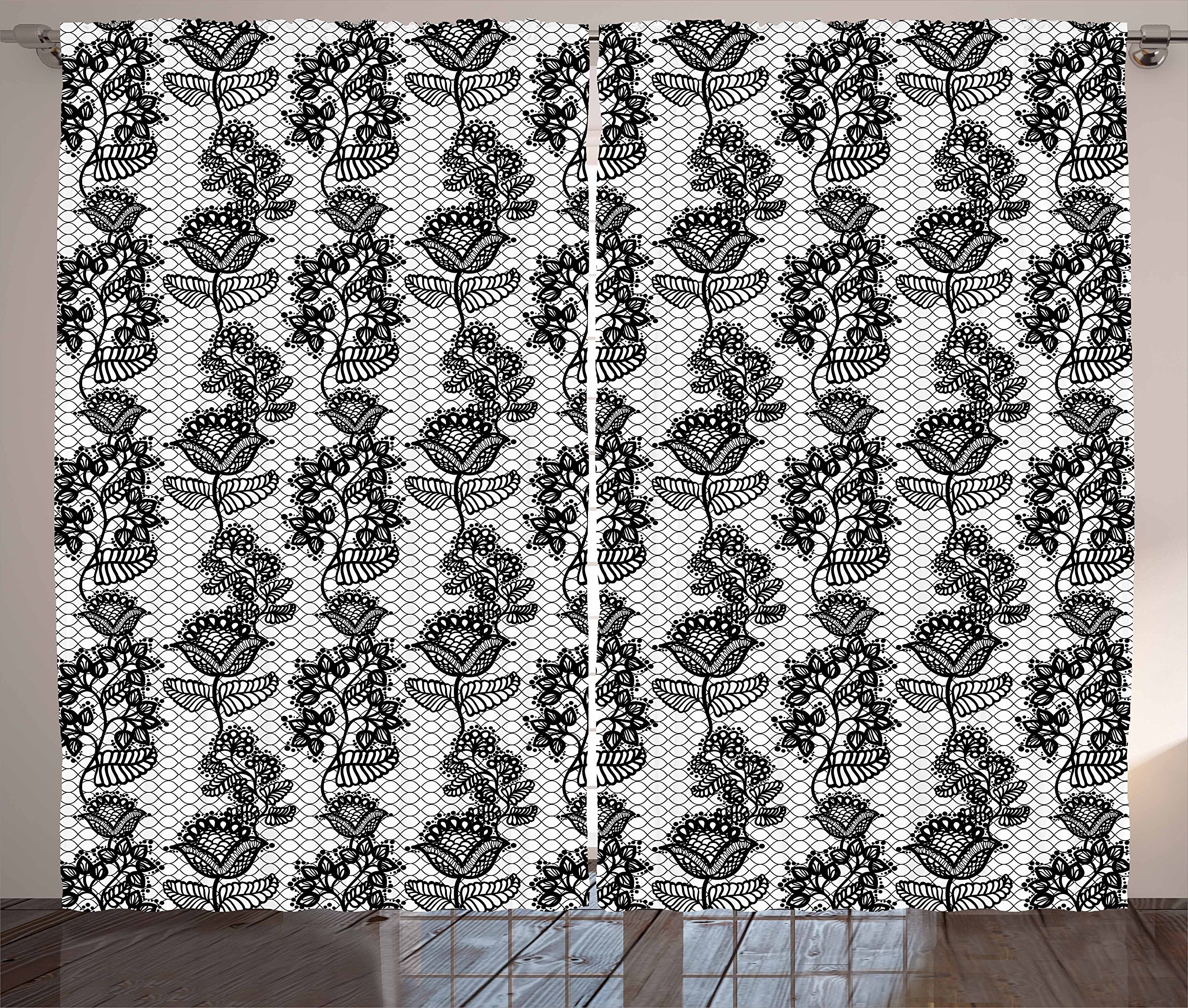 Ambesonne Black and White Lace Victorian Floral Curtains - Elegant Wavy Backdrop Design, 2 Panel Set for Living Room & Bedroom (108