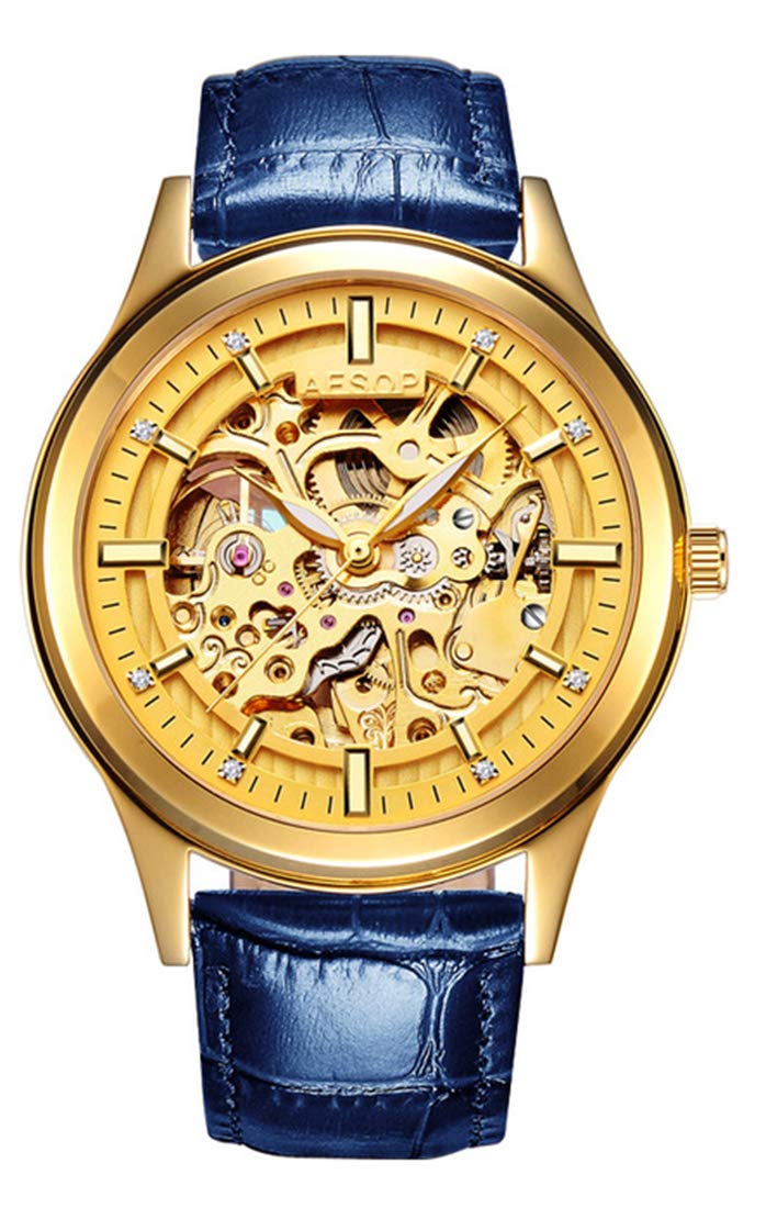 Fanmis Skeleton Automatic Mechanical Watch for Men - Synthetic Sapphire Crystal, Blue Leather Strap, Waterproof, Luminous Hands, Gold Case | Perfect for Business, Casual & Formal Occasions
