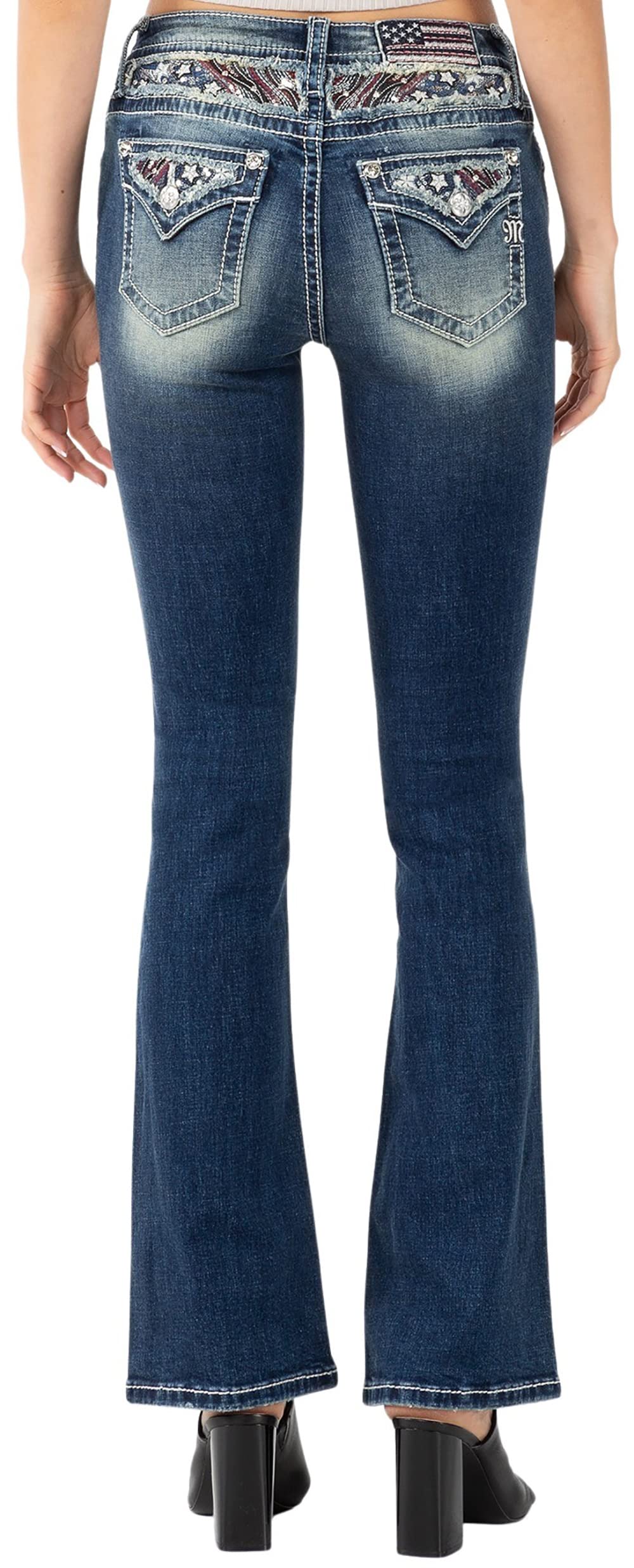 Miss Me Women's Mid-Rise Bootcut Jeans - American Flag Embroidered Denim Pants with Distressed Details & Faux Flap Pockets | Casual Chic Style for Everyday Wear, Date Night & Patriotic Events