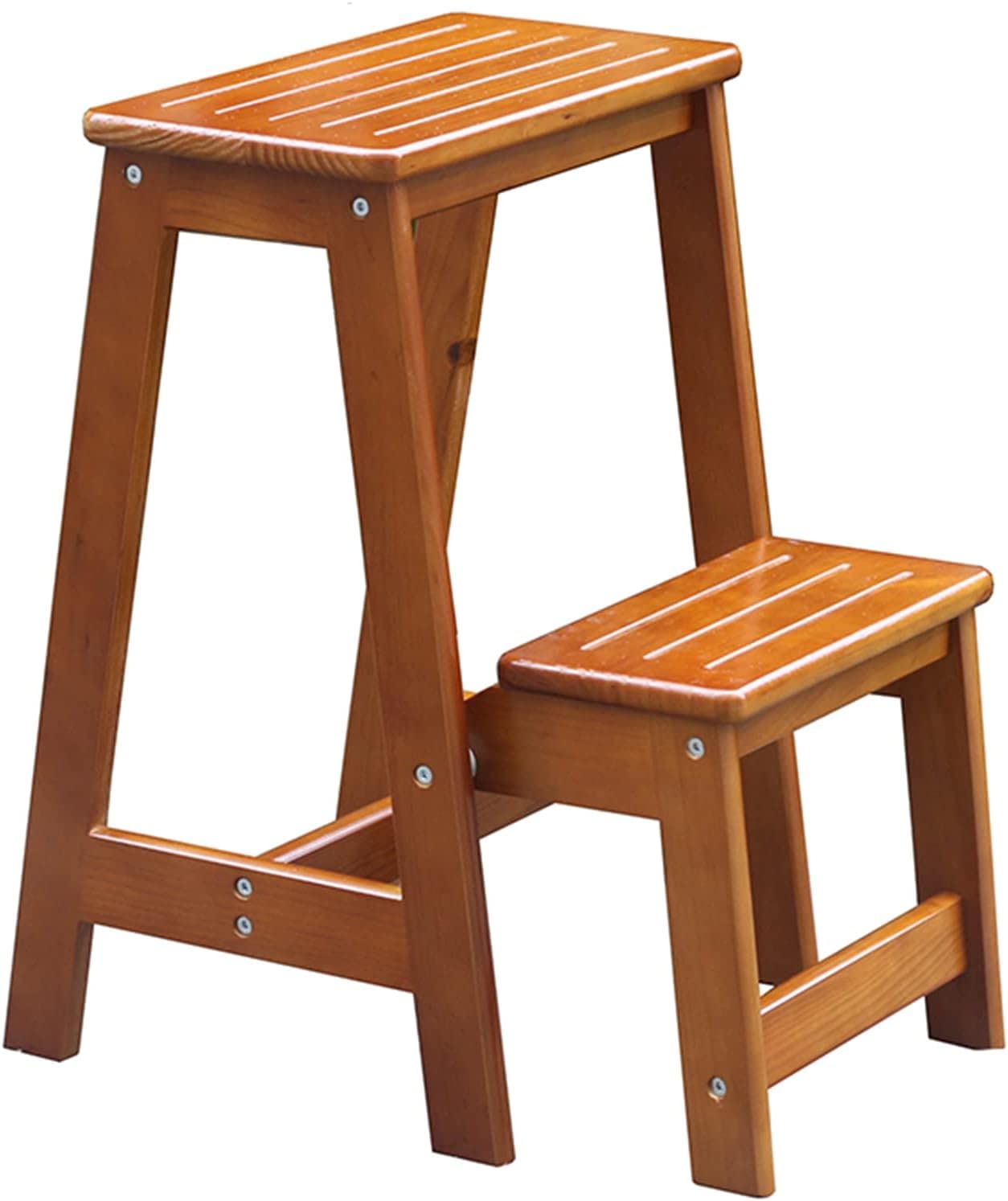 OKUOKA Folding Step Stool with Solid Wood Flower Stand - Multifunctional Indoor Ladder for Home, Kitchen, Bathroom, and Garden Use - Space-Saving Wooden Step Stool with Storage Shelf