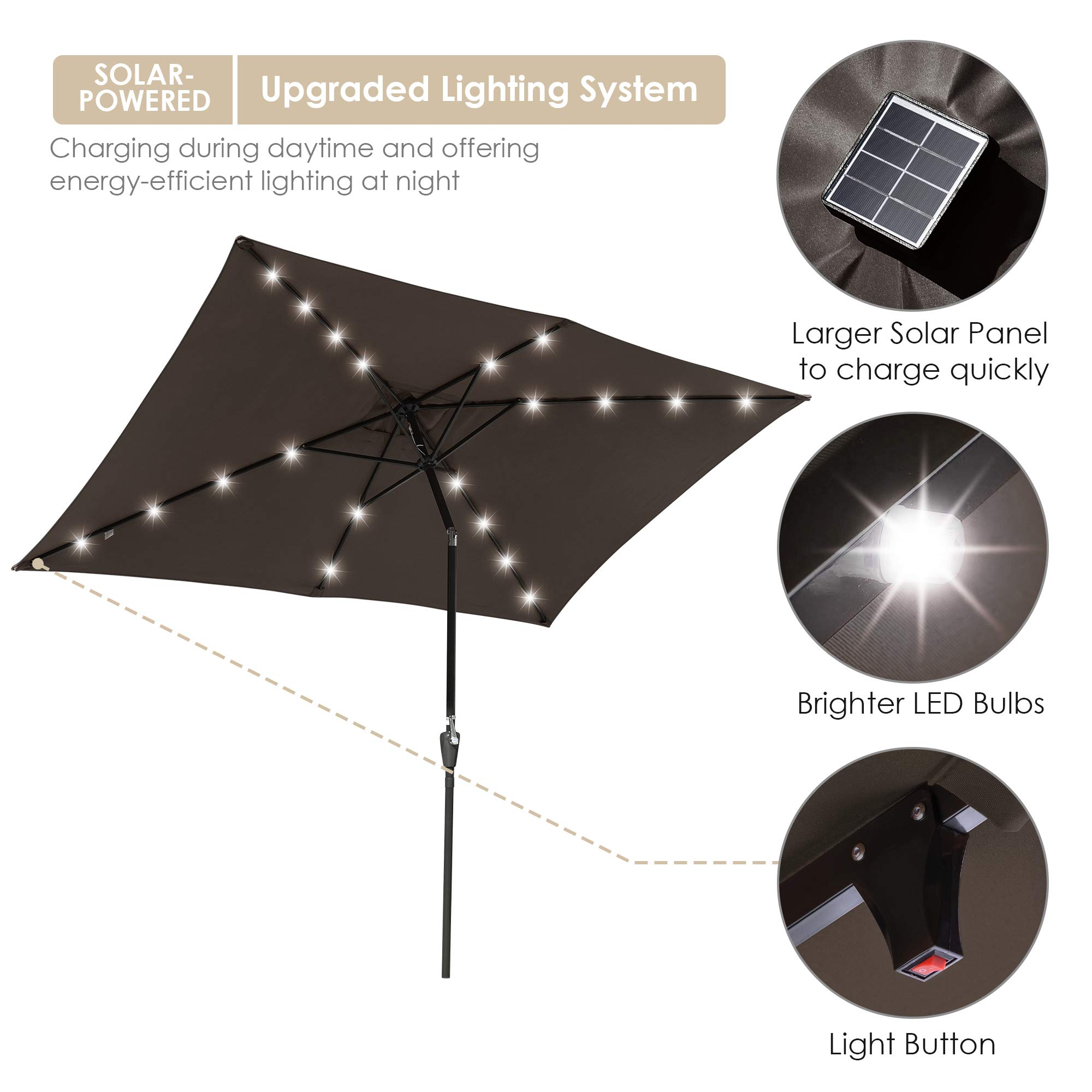 Yescom 10x6.5 ft Outdoor Patio Umbrella with Solar LED Lights - Aluminum Frame, Crank Tilt Mechanism, Chocolate Color (2 Pack) - Perfect for Poolside, Garden, Backyard, and Patio Relaxation