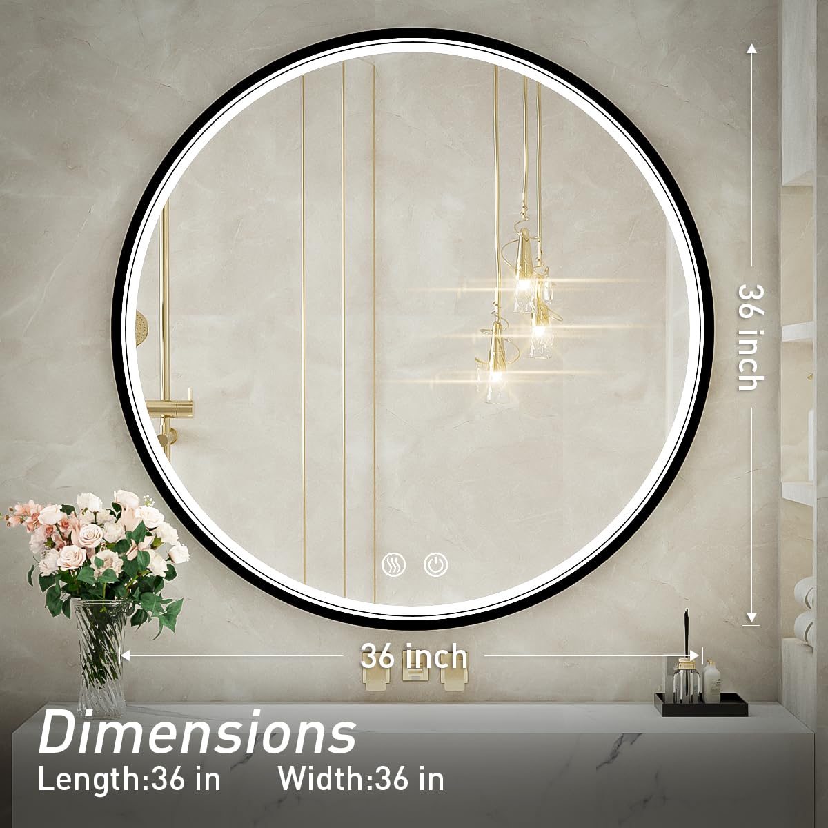 36 Inch LED Round Bathroom Mirror with Light - Black Metal Frame, 6000K Vanity Mirror, Wall Mounted, Anti-Fog, Dimmable Touch Switch, Waterproof IP54 - Perfect for Makeup, Shaving & Home Decor