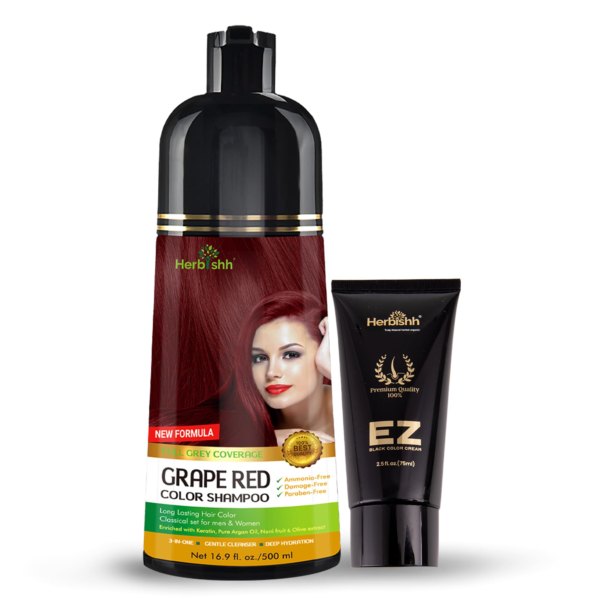 Herbishh Grape Red Hair Color Shampoo & Cream Set for Gray Hair Coverage - 500ml Permanent Dye with Natural Ingredients | At-Home Hair Coloring Solution for Women & Men
