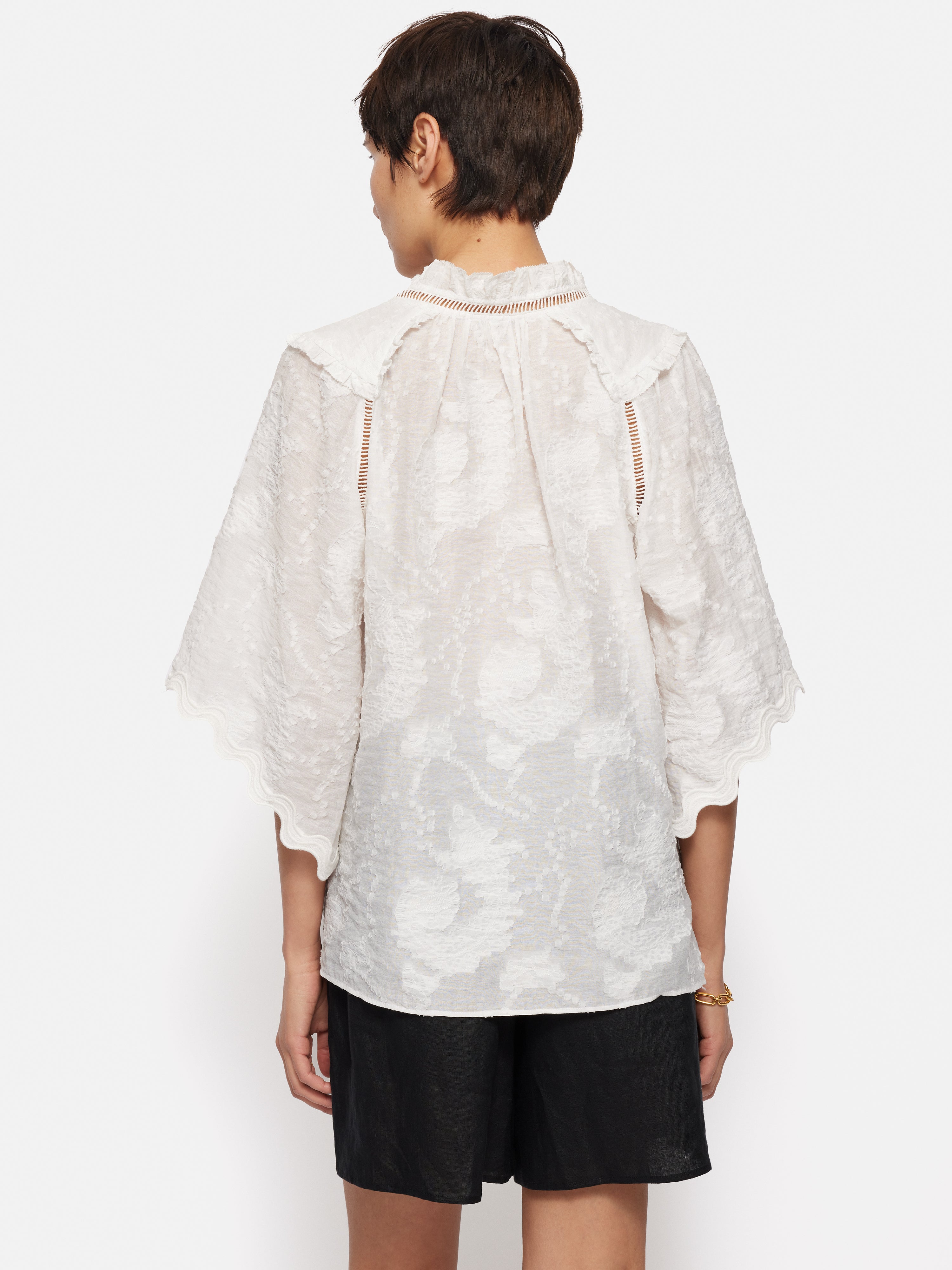 Elegant White Textured Jacquard Frill Top for Women | Stylish Blouse for Party, Date Night & Office Wear