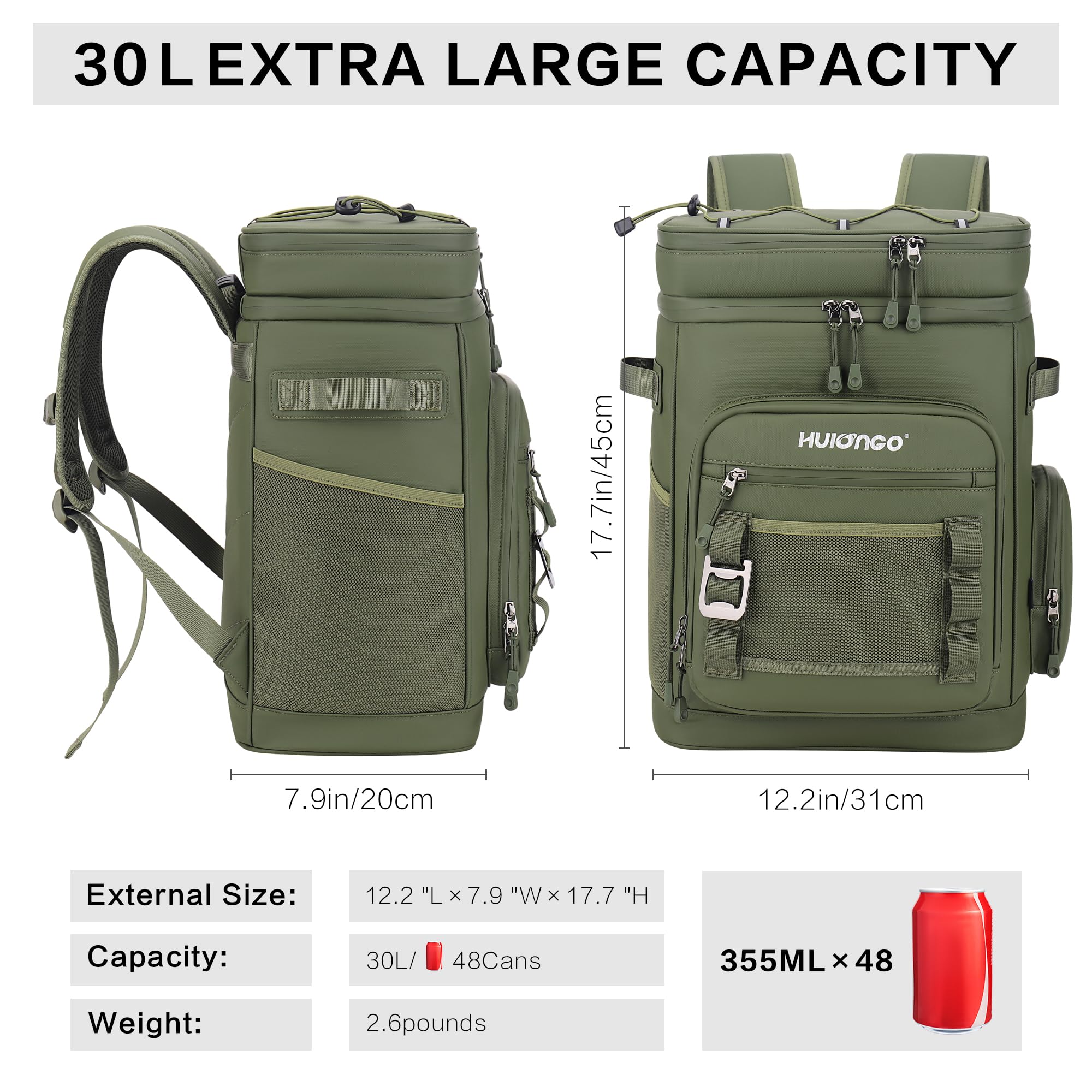 Large 30L Waterproof Insulated Cooler Backpack for Men & Women - Leak Proof Picnic, Camping, Beach, Fishing & Travel Backpack - Holds Up to 48 Cans - Perfect for Outdoor Adventures, Tailgating & Road Trips