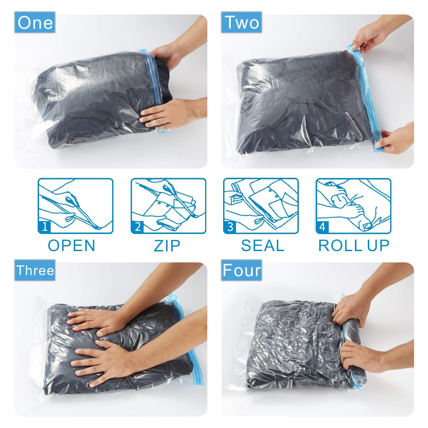 8-Pack Travel Compression Storage Bags for Clothes - Space Saving Vacuum Bags for Suitcases (No Pump Needed) - Perfect for Vacation Packing, Camping & Business Trips