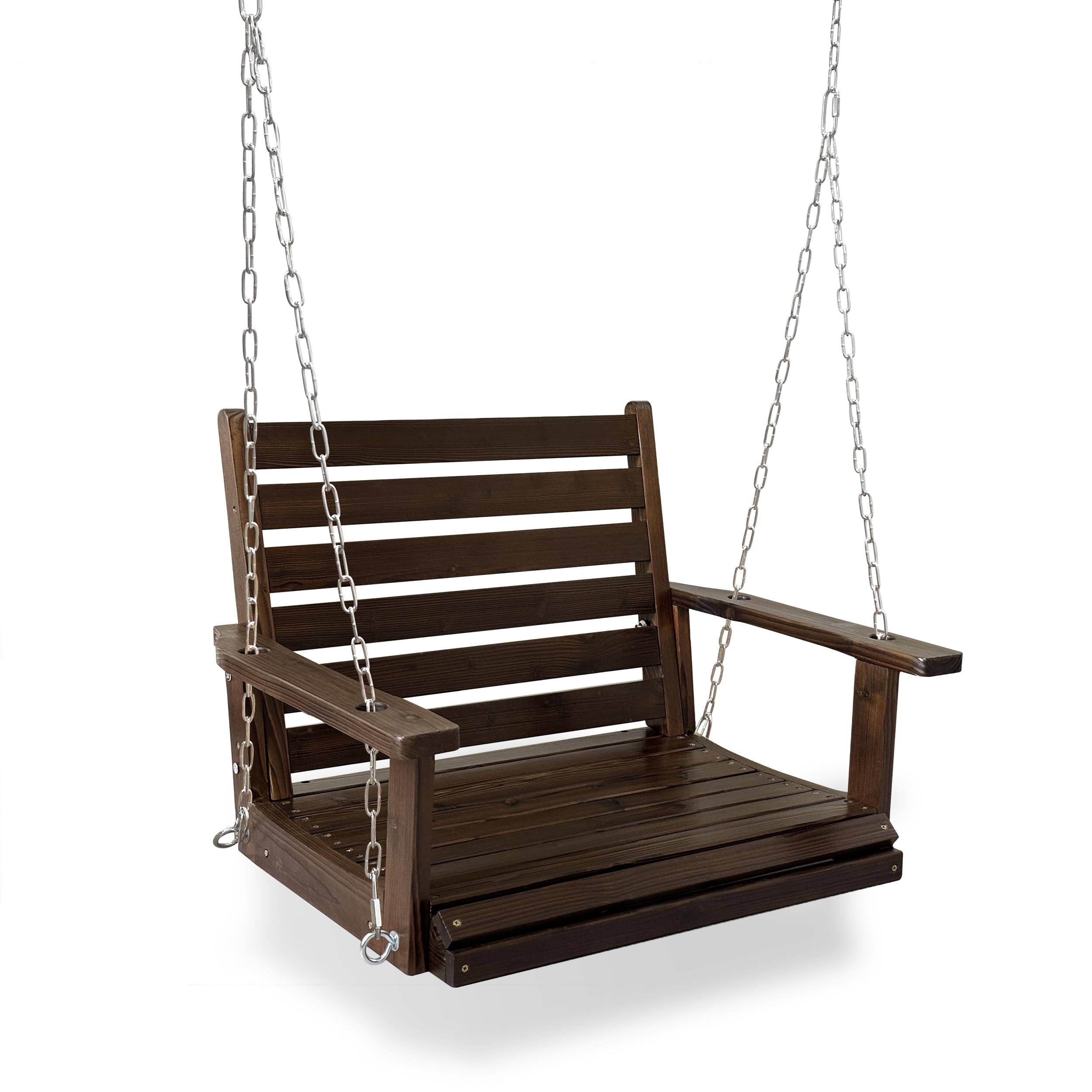 **Heavy Duty Wooden Porch Swing - Ergonomic Outdoor Bench Swing with Hanging Chains & 7mm Springs - Supports 880 lbs - Perfect for Patio, Garden, Yard & Backyard Relaxation (Deep Brown, 1-Seater)**