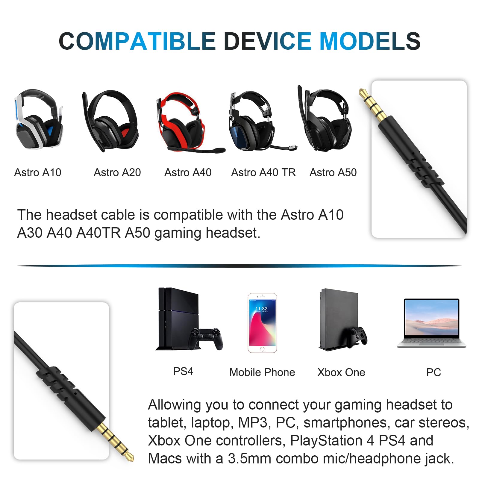 Astro A10 Headset Cable with Volume Control - 6.6ft Replacement Cable for Astro A40, A40 TR, A30 Headsets - Compatible with PS4, PS5, Xbox One Controllers - Perfect for Gaming, Streaming & Voice Chat
