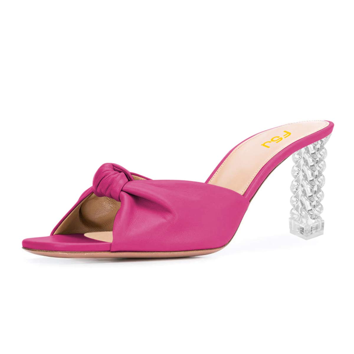 FSJ Women's Retro Transparent Block Heel Mules - Peep Toe Slip On Pumps with Cute Knot Design - Comfortable Summer Sandals for Casual Outings, Beach Wear & Date Nights