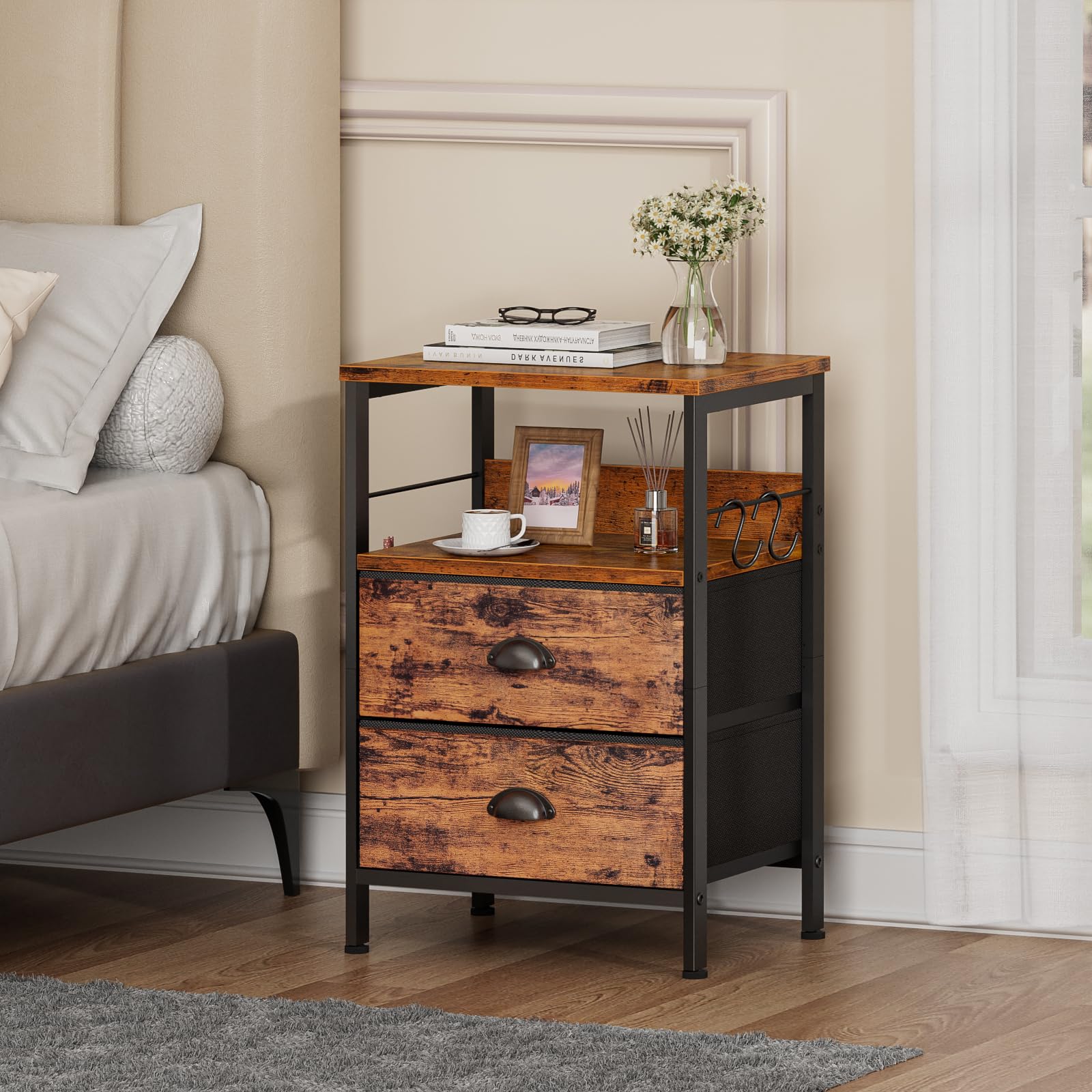 Furologee Nightstand Set of 2 - Modern Bedside Tables with 2 Fabric Drawers, Hooks & Shelf - Sturdy End Tables for Bedroom, Living Room, Study or Hallway - Brown Wood Finish - Perfect for Small Spaces & Apartment Decor