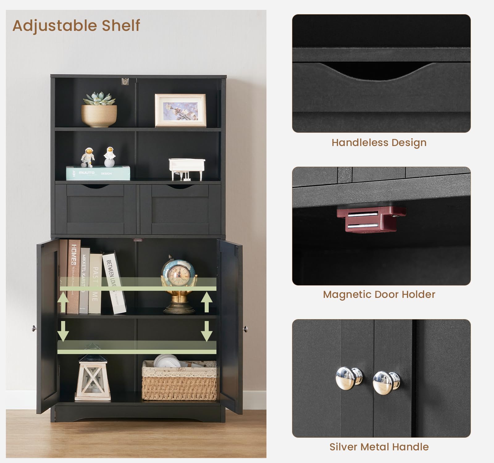 Iwell Tall Storage Cabinet with 2 Drawers & Adjustable Shelves - Black Bathroom Cabinet for Living Room, Dining Room, Entryway - Perfect for Organizing Towels, Linens & Home Essentials