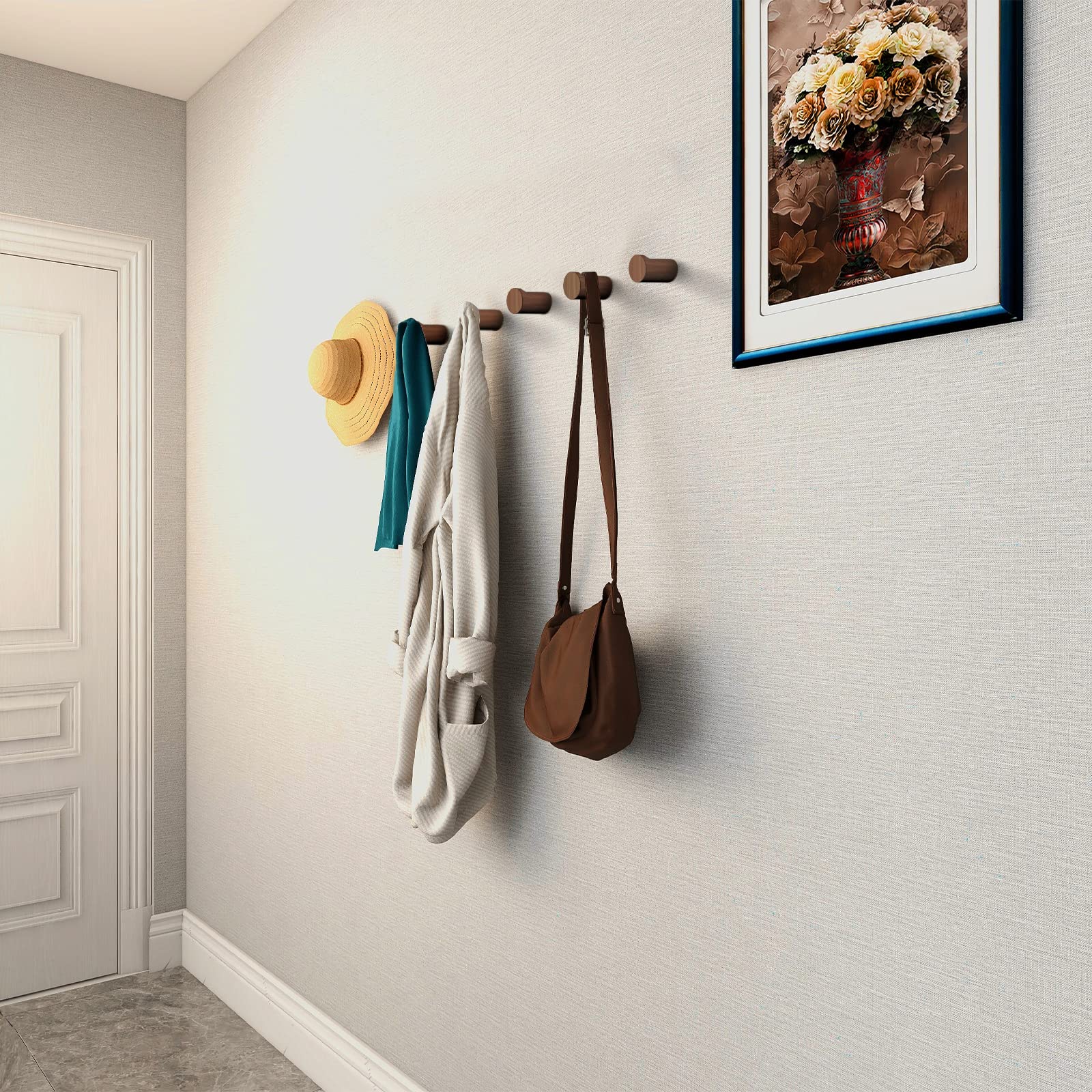 6 Pack Natural Black Walnut Wood Wall Hooks - Handmade Rustic Coat & Hat Hangers for Entryway, Bedroom, Bathroom - Heavy Duty Wall Mounted Hooks for Towels, Clothes, Bags, Robes & Home Decor