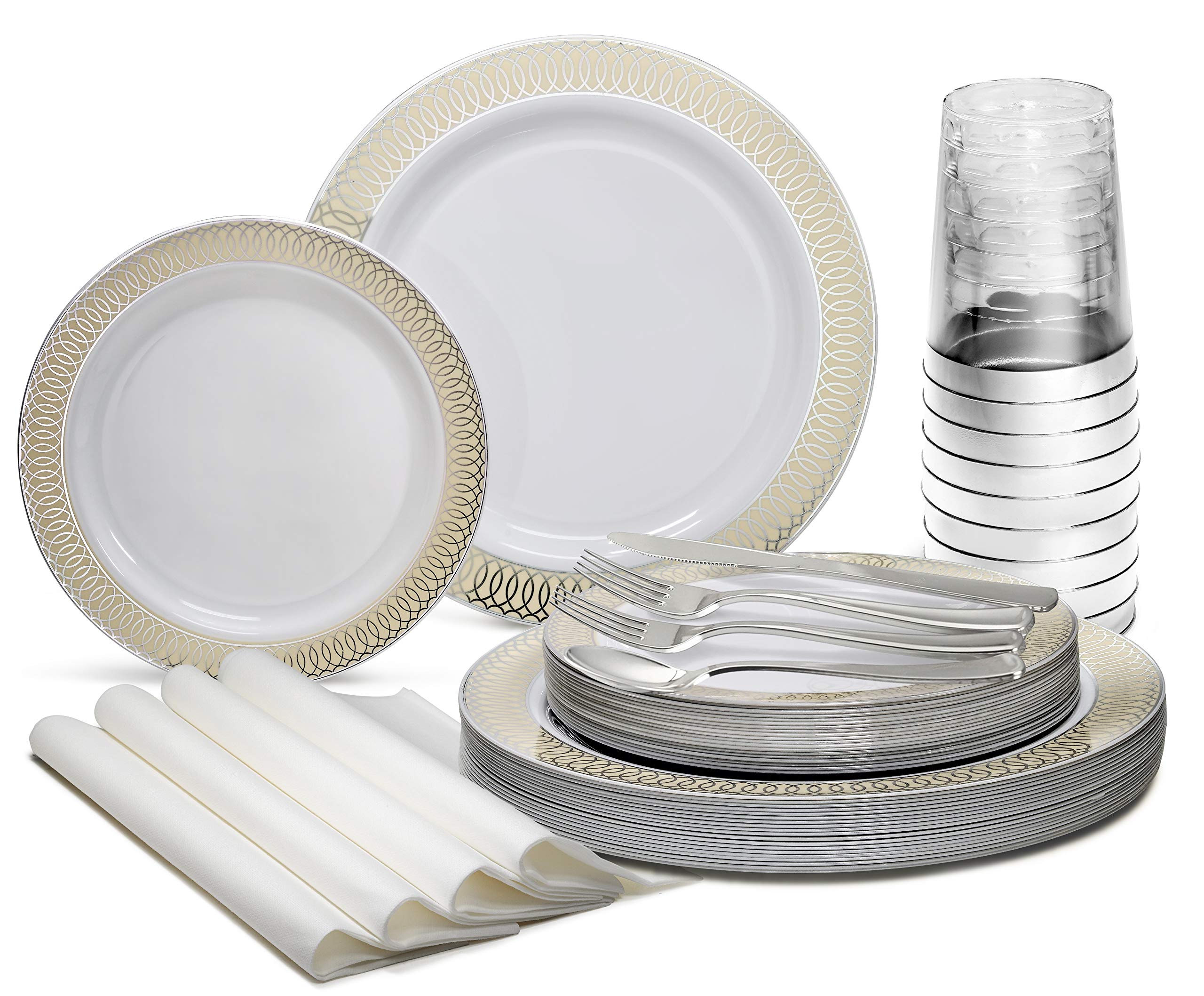 960-Piece Disposable Plastic Wedding Party Tableware Set - 120 x 10.5'' Plates, 120 x 7.5'' Plates, Silverware, Cups & Napkins in Venice White/Ivory & Silver - Perfect for Weddings, Bridal Showers & Large Gatherings