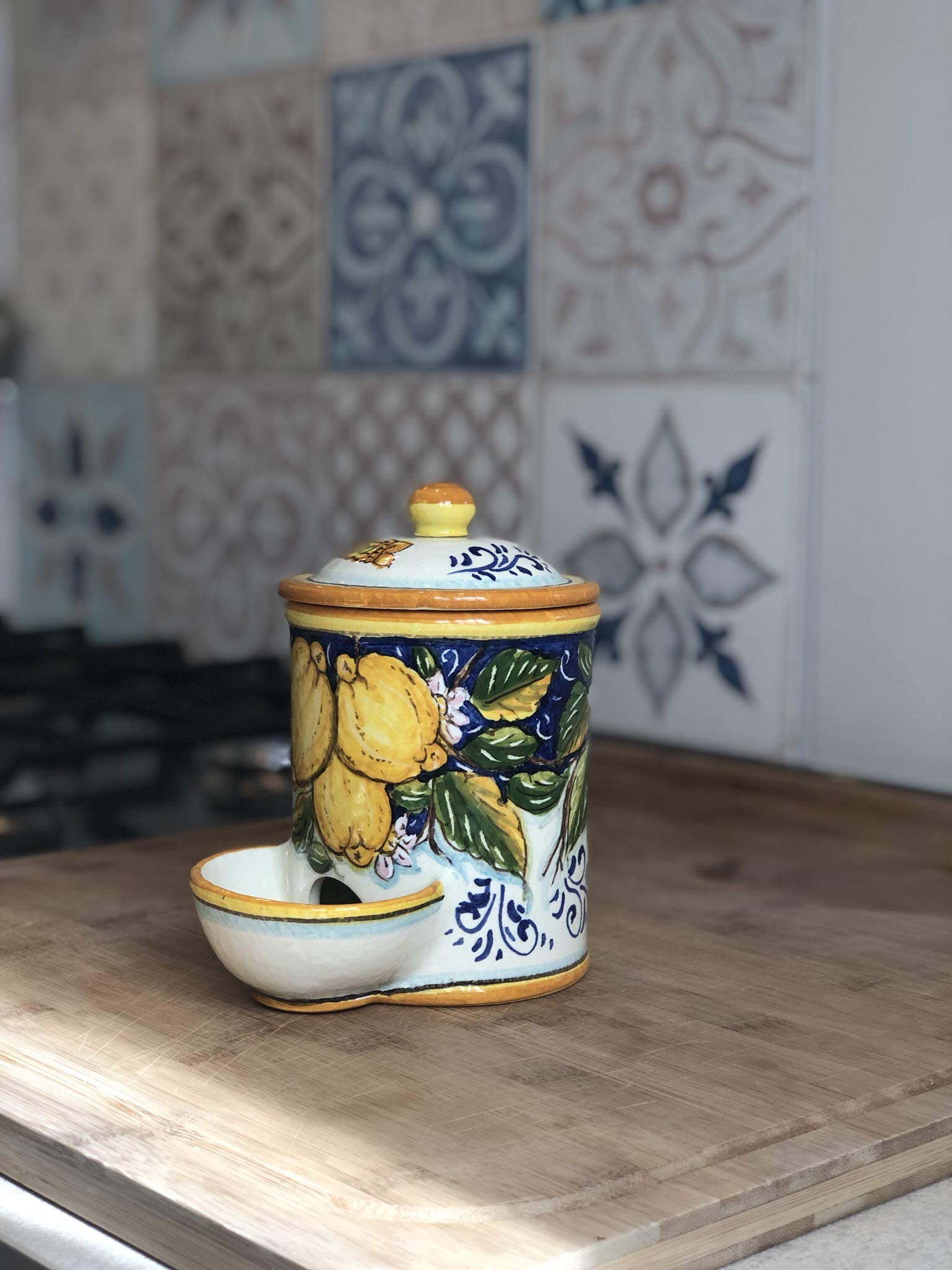 Hand-Painted Italian Ceramic Salt Jar with Three Lemons Design - Tuscan Art Pottery by CERAMICHE D'ARTE PARRINI, Made in Italy | Perfect for Kitchen, Dining Table & Gift Giving