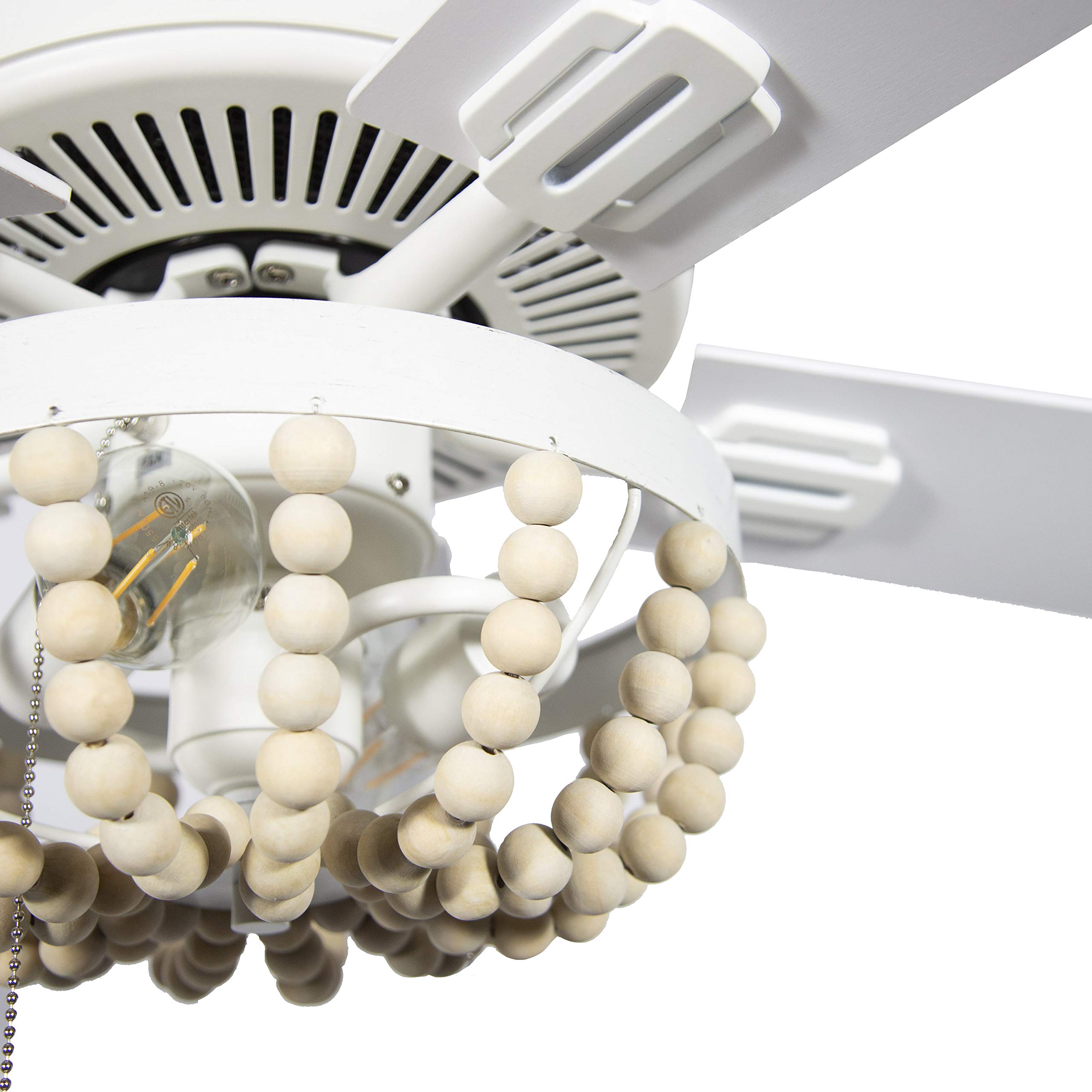 52 Inch Coastal Wooden Bead LED Ceiling Fan with Remote Control - Cream White Finish - Perfect for Beach House, Bedroom, Living Room & Patio Cooling